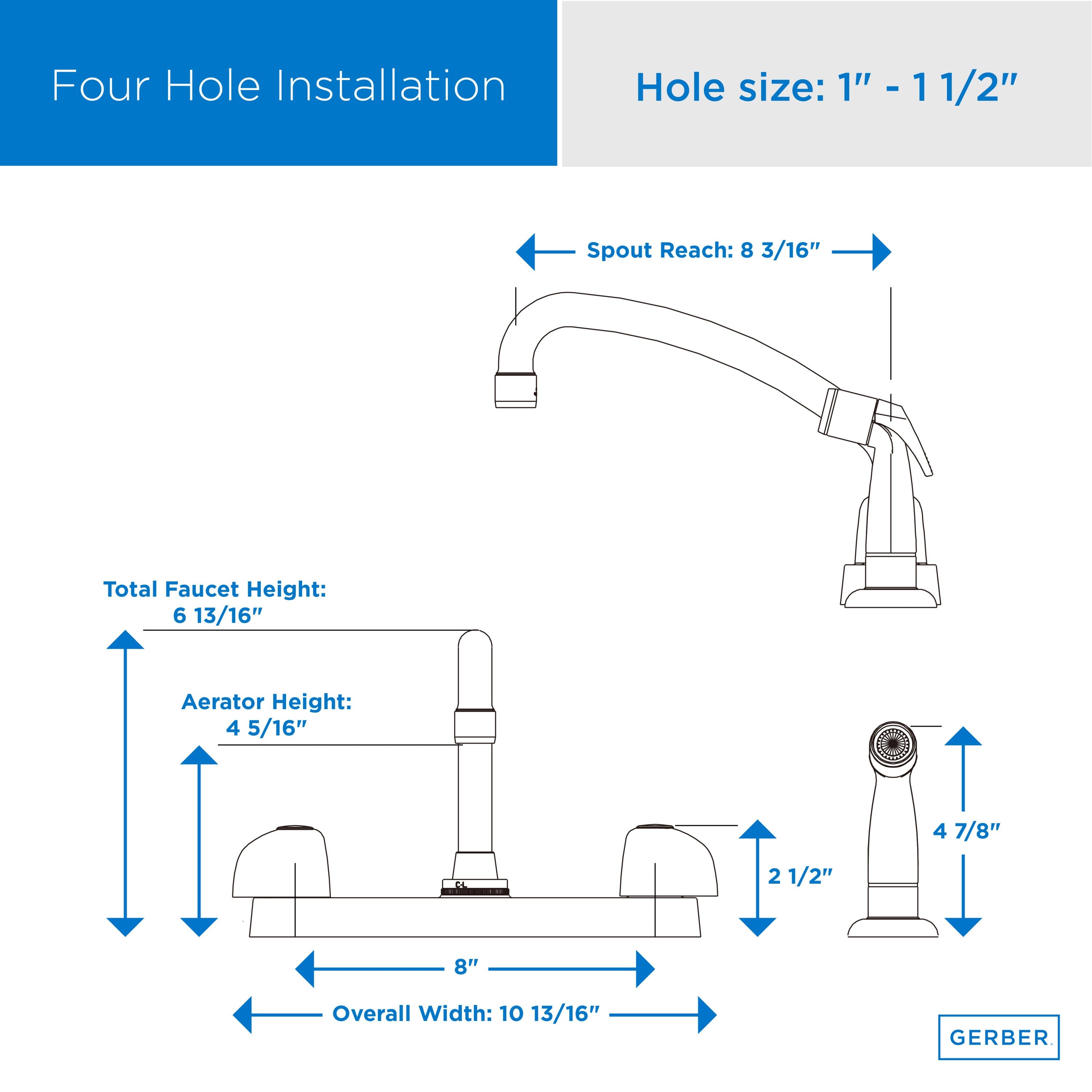 Gerber Classics™ Two Handle Cover Plate Mounted Kitchen Faucet with Metal Handles, Sidespray, and Tubular Swing Spout