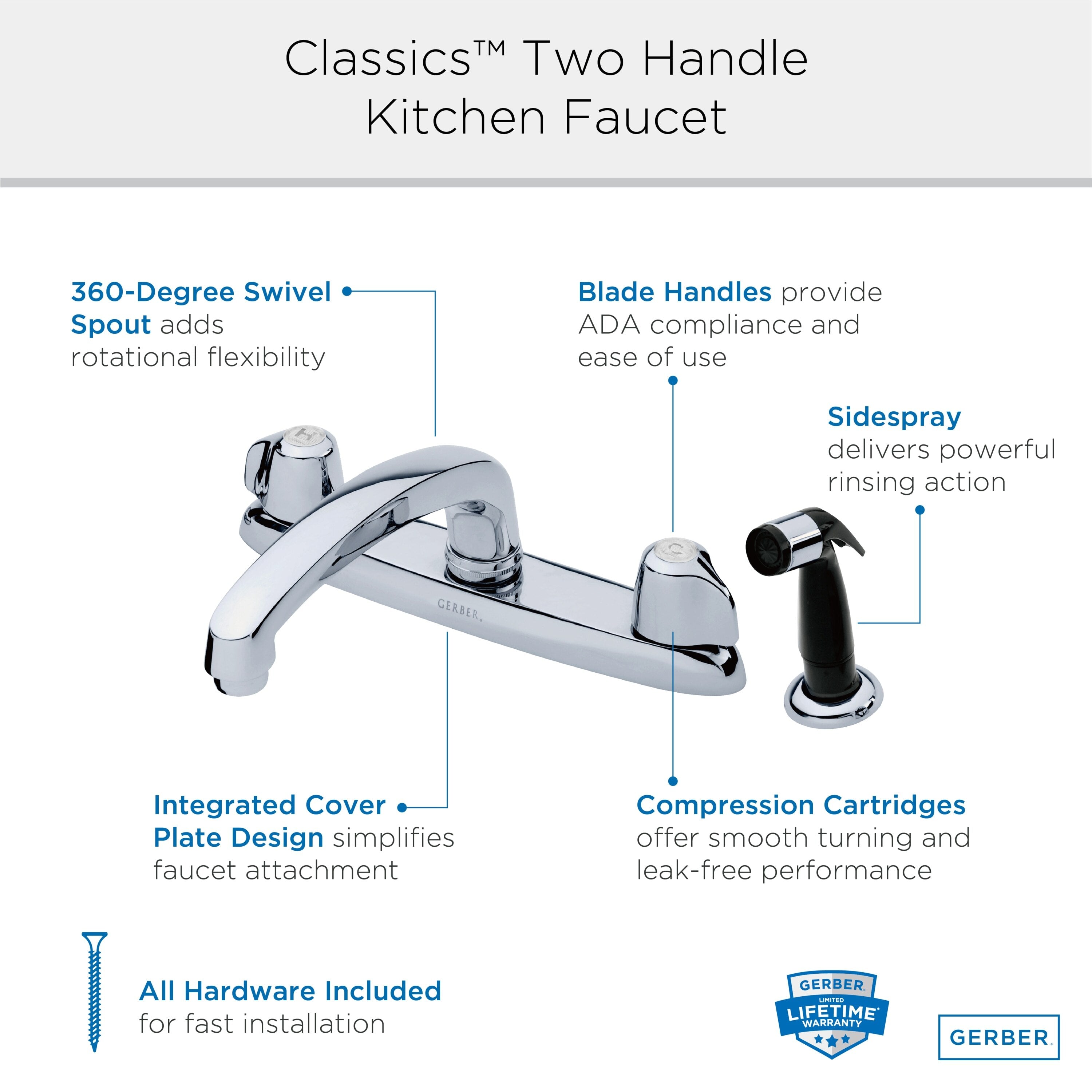 Gerber Classics™ Two Handle Cover Plate Mounted Kitchen Faucet with Metal Blade Handles and Sidespray