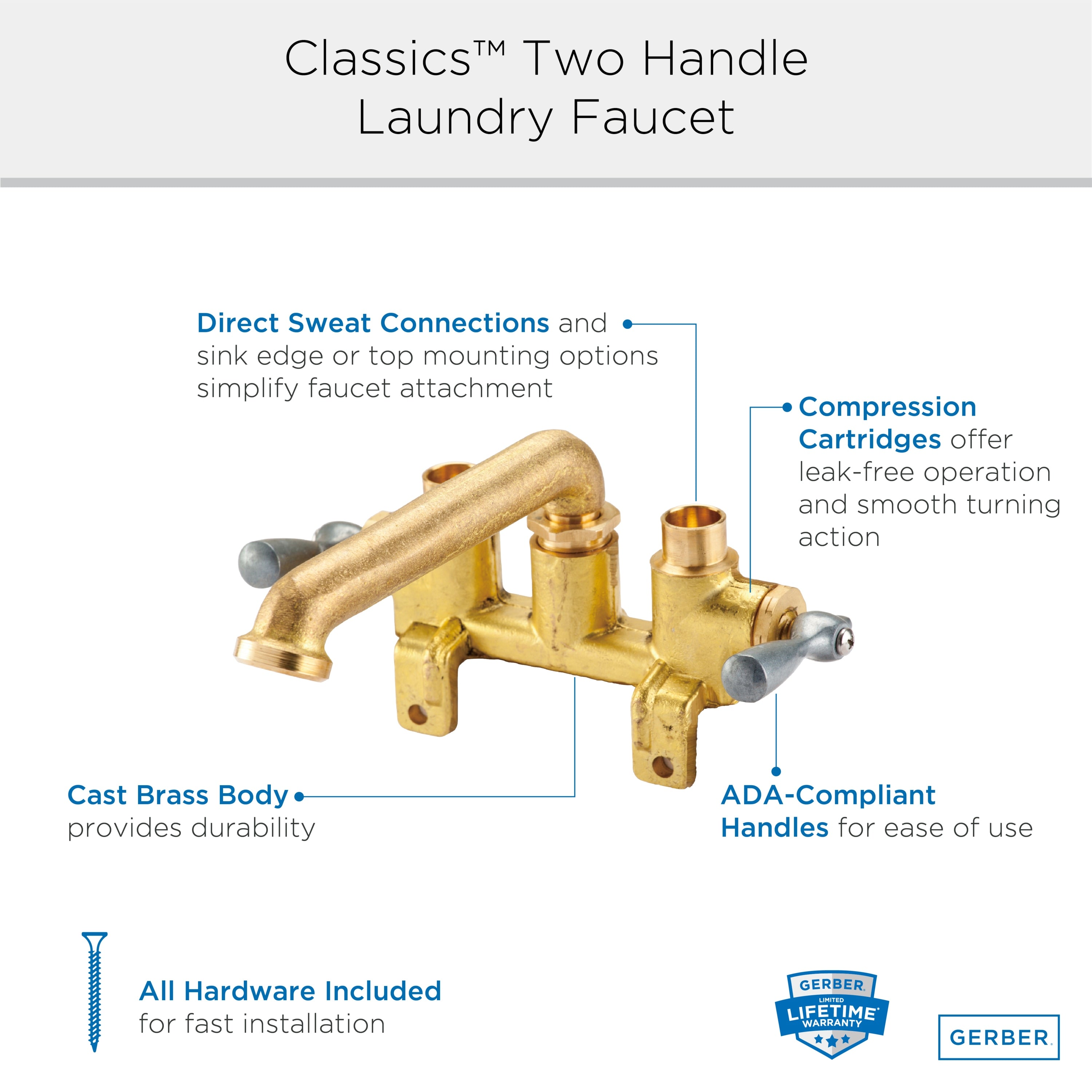 Gerber Classics™ Two Handle Laundry Faucet with Metal Lever Handles, Threaded Legs, and Direct Sweat Connections