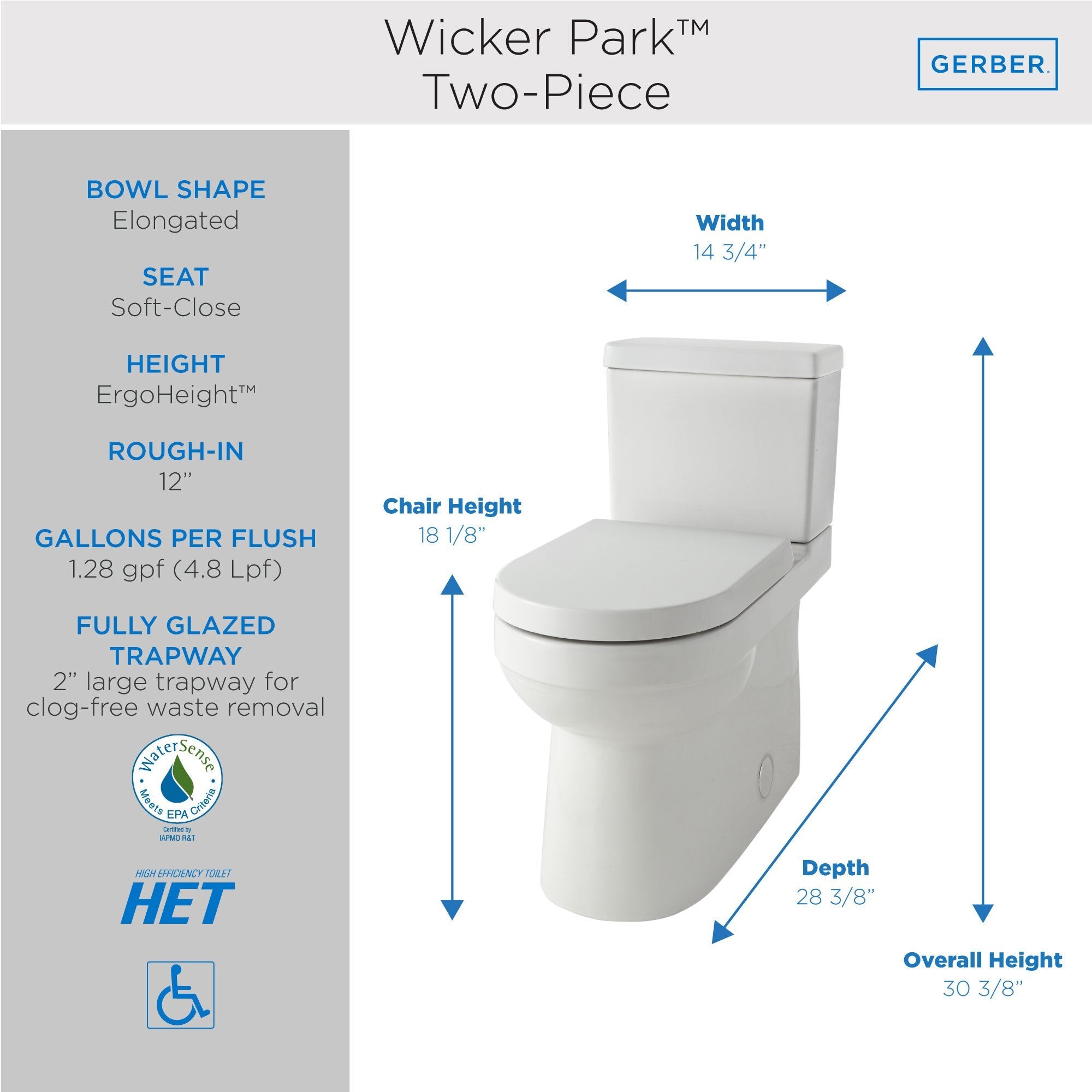 Wicker Park™  1.28gpf 12" Rough-In Two-Piece Elongated ErgoHeight™ Toilet