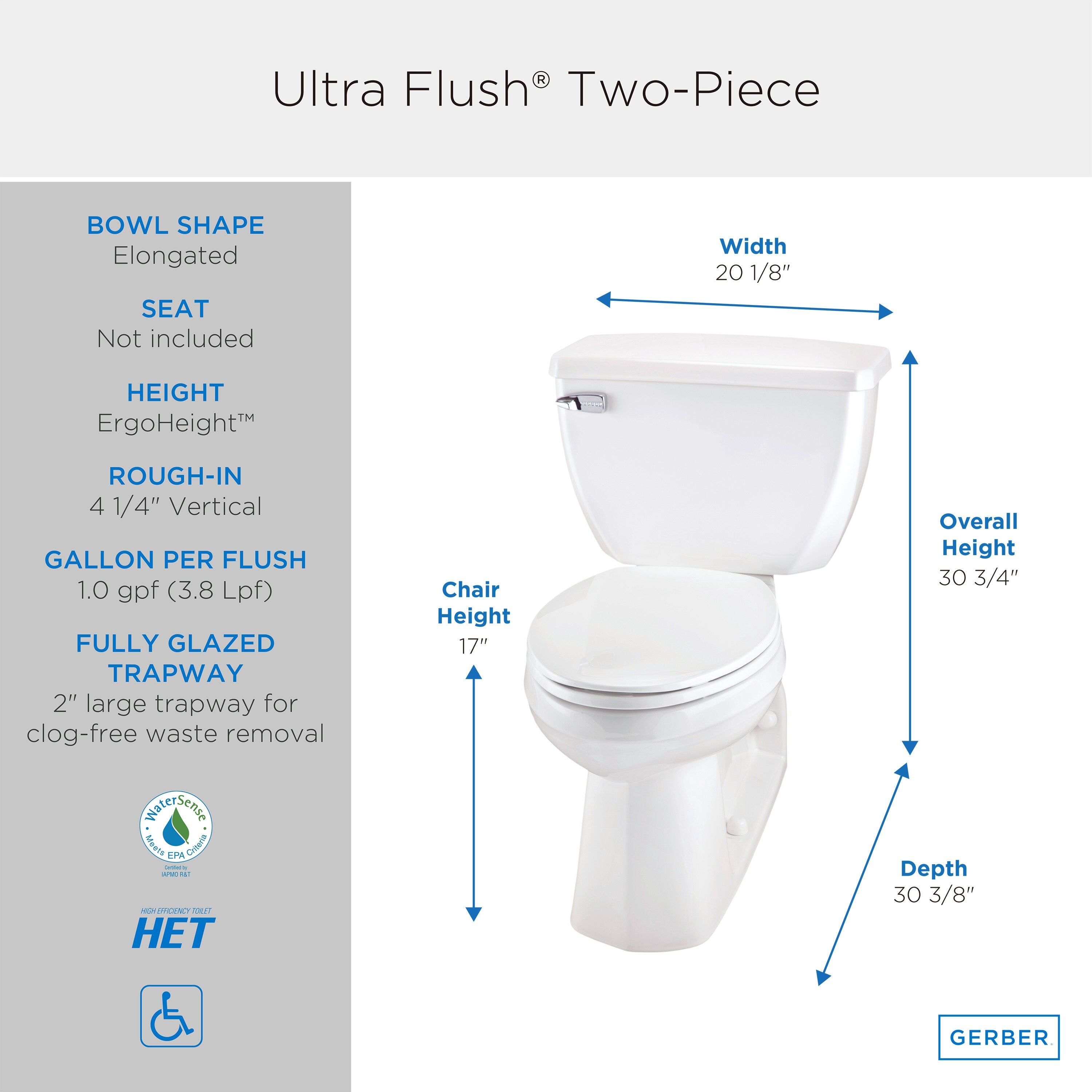 Ultra Flush® 1.0 gpf 4 1/4" Vertical Rough-In Two-Piece Back Outlet Elongated ErgoHeight™ Toilet