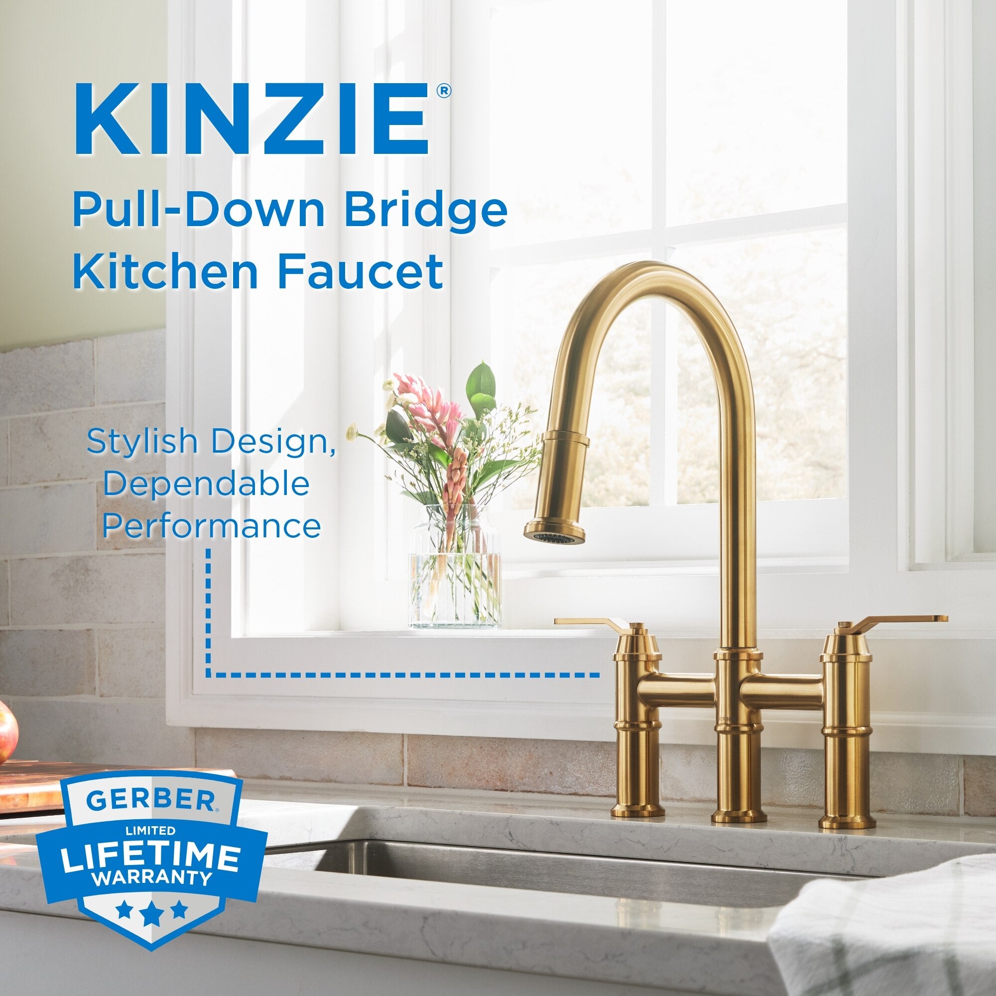 Kinzie® Two Handle Pull Down Bridge Kitchen Faucet