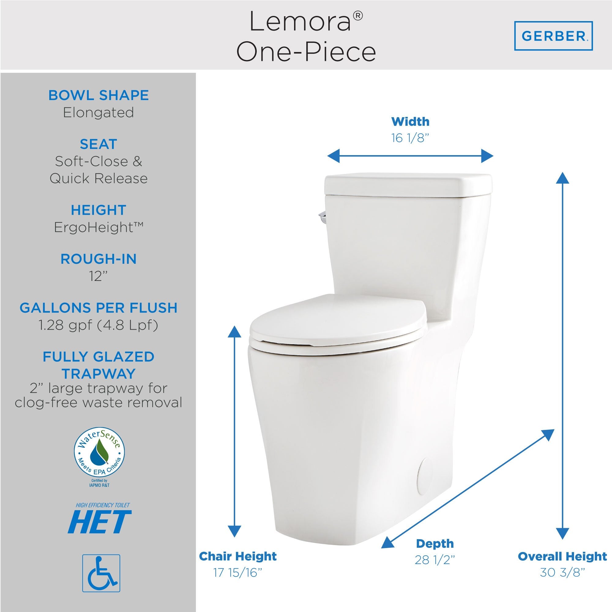 Lemora® 1.28gpf 12" Rough-In One-Piece Elongated ErgoHeight™ Toilet