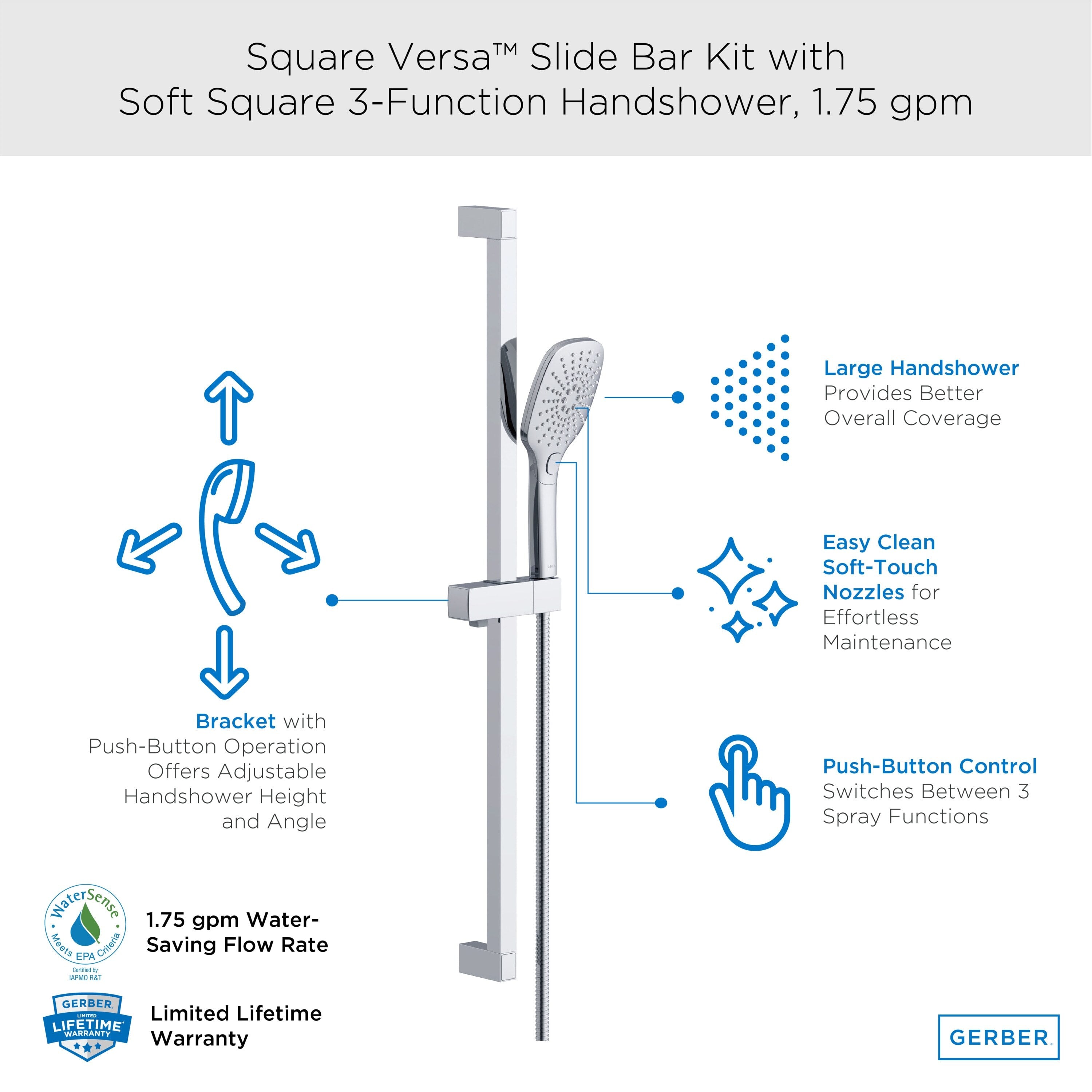 Versa™ Square 30" Slide Bar Assembly with Soft Square 3-Function Handshower, 1.75gpm