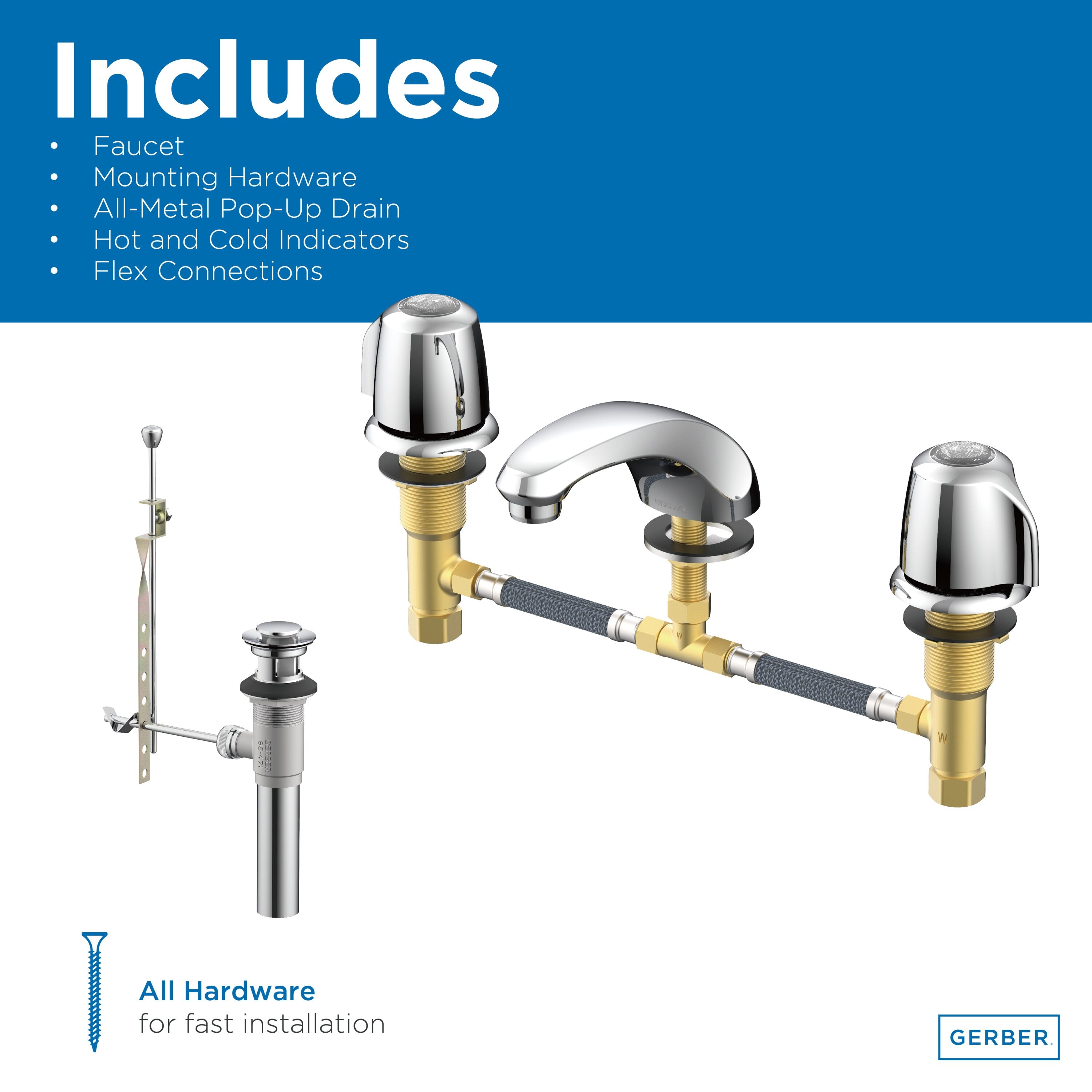 Gerber Classics™ Two Handle Widespread Bathroom Faucet with Metal Pop-Up Drain and Flex Connections