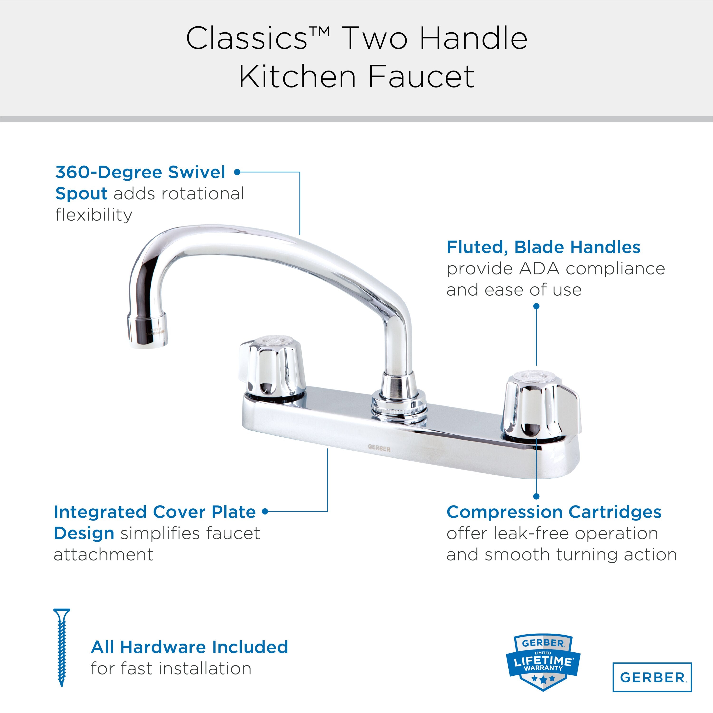 Gerber Classics™ Two Handle Cover Plate Mounted Kitchen Faucet with Metal Fluted Handles and Tubular Swing Spout