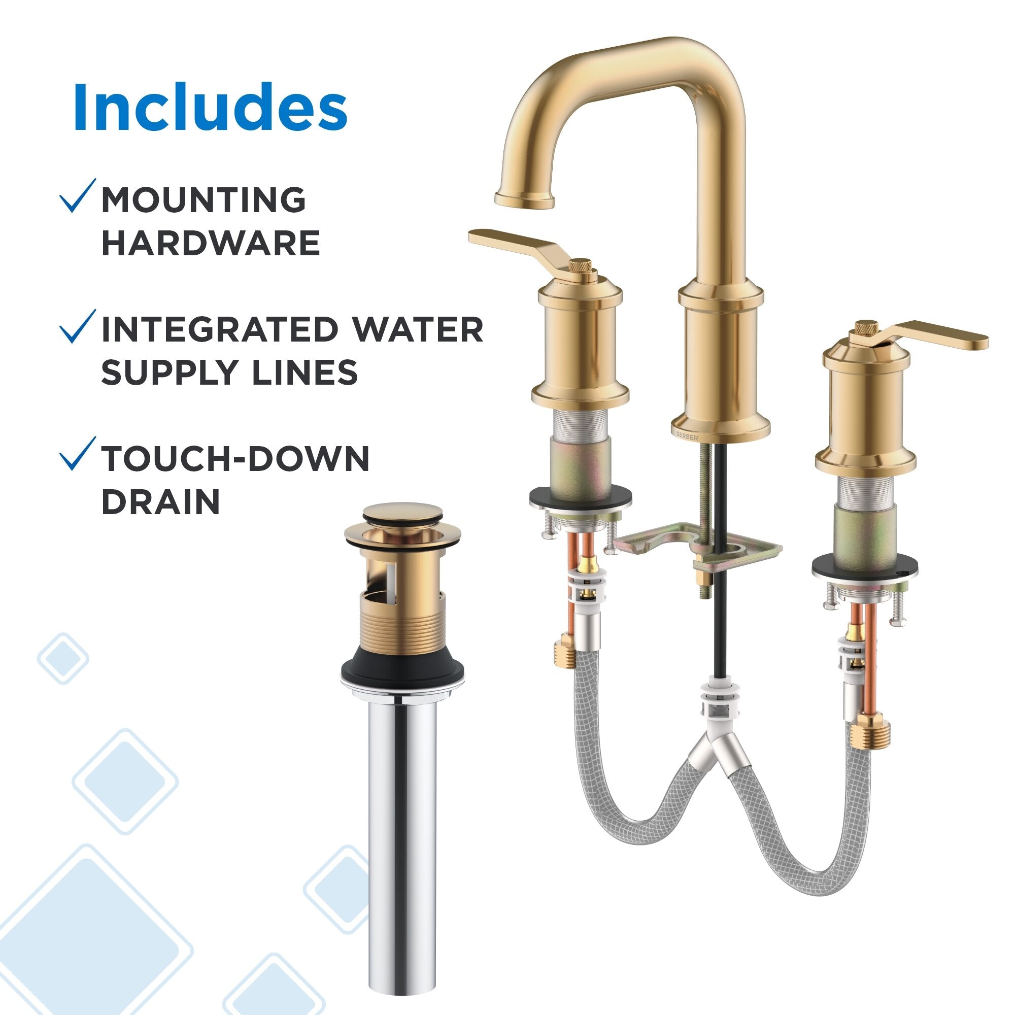Kinzie® Two Handle Widespread Bathroom Faucet with Metal Touch-Down Drain