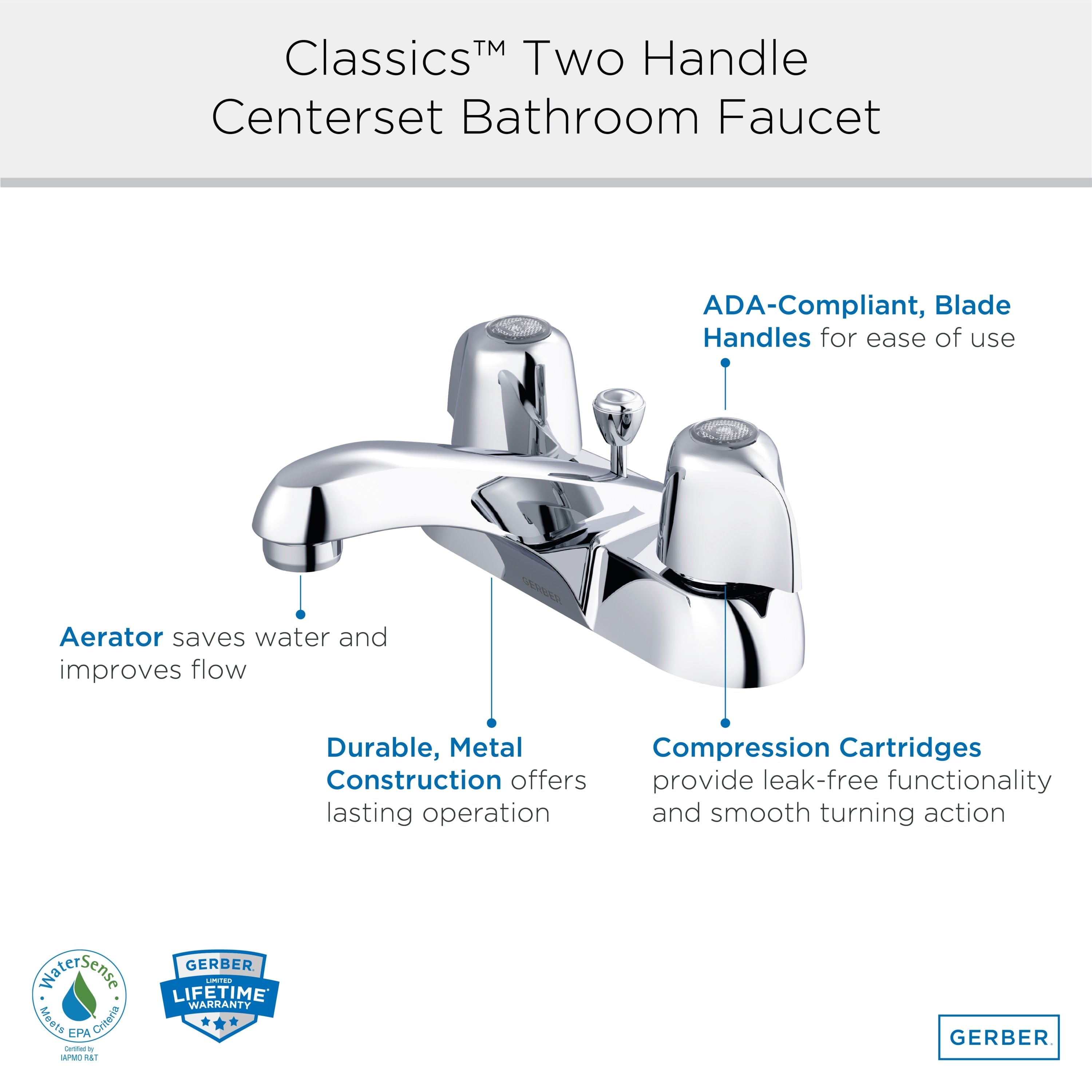 Gerber Classics™ Two Handle Centerset Bathroom Faucet with Metal Handles and Metal Pop-Up Drain