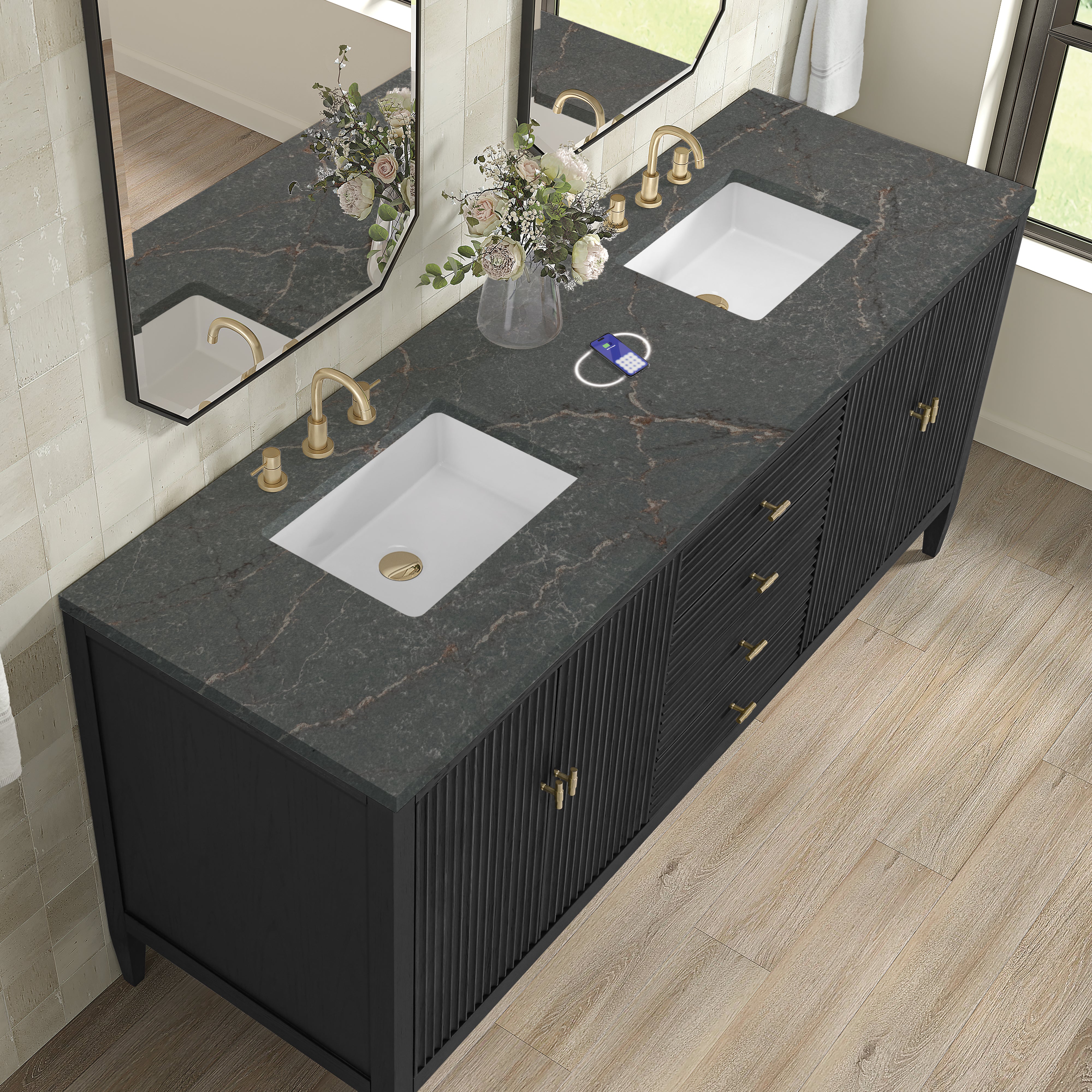 James Martin Myrrin 72" Double Vanity in Carbon Oak with 3cm Countertop and FreePower Wireless Charger