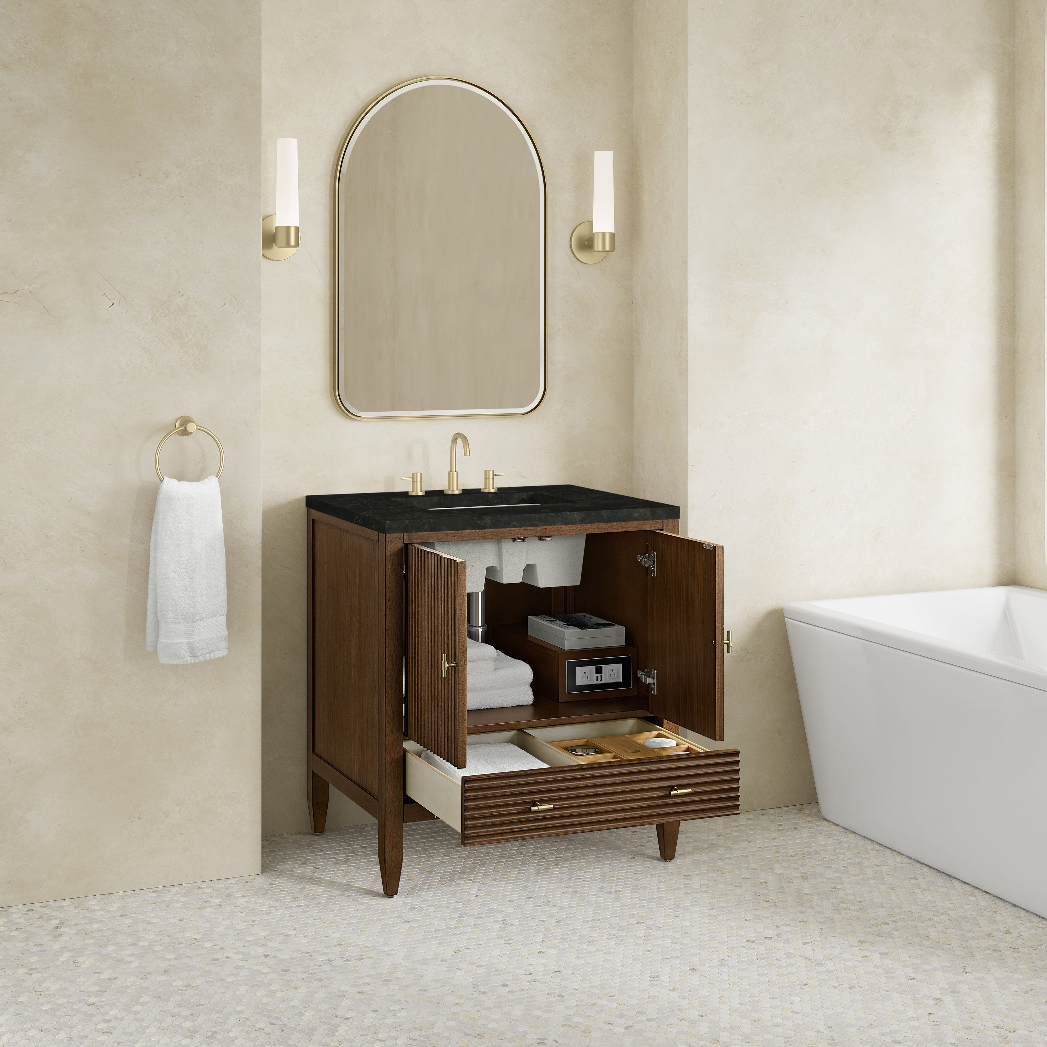 James Martin Myrrin 30" Single Vanity in Mid-Century Walnut with 3cm Countertop