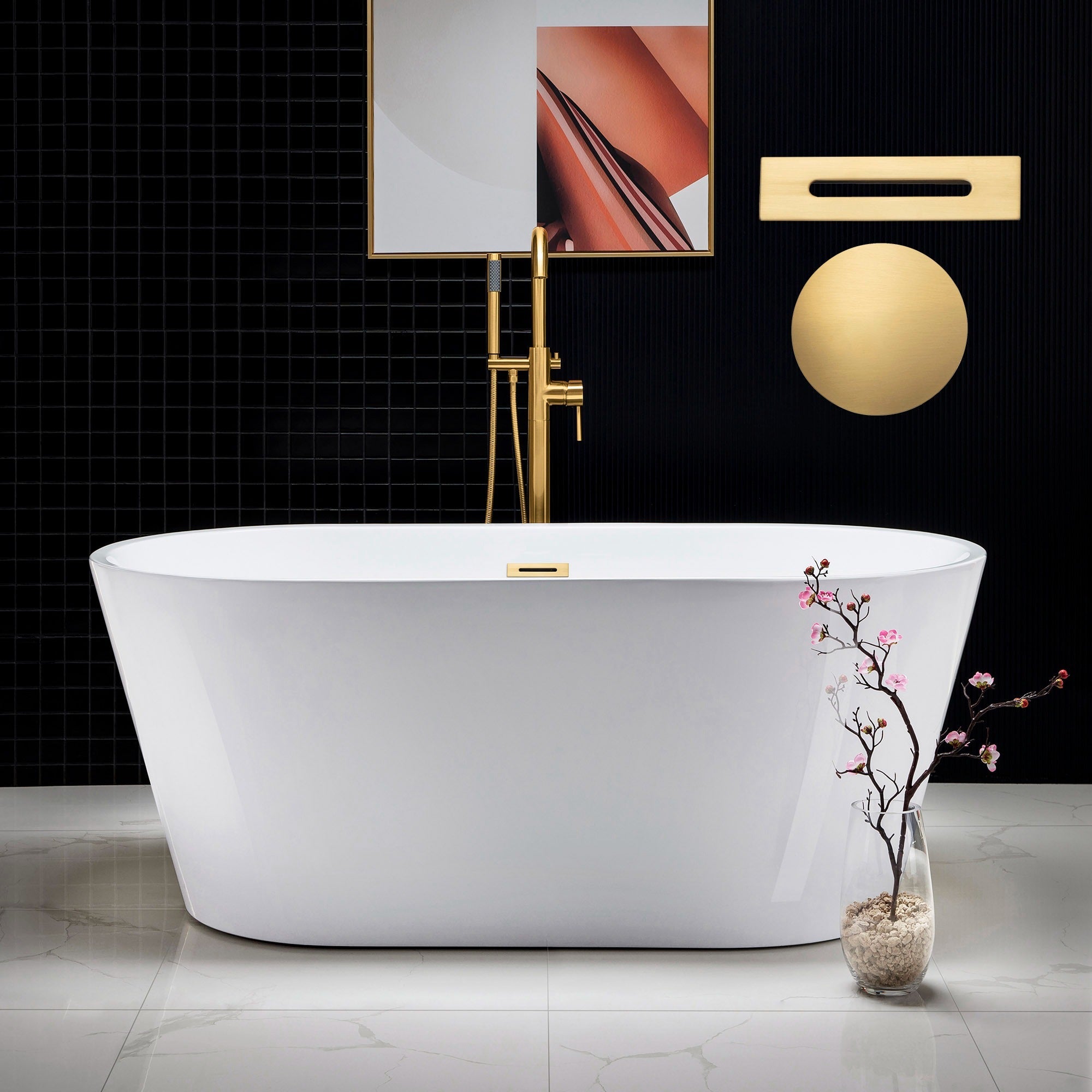 WOODBRIDGE 59" Acrylic Freestanding Bathtub Contemporary Soaking Tub with Drain & Overflow, B0014
