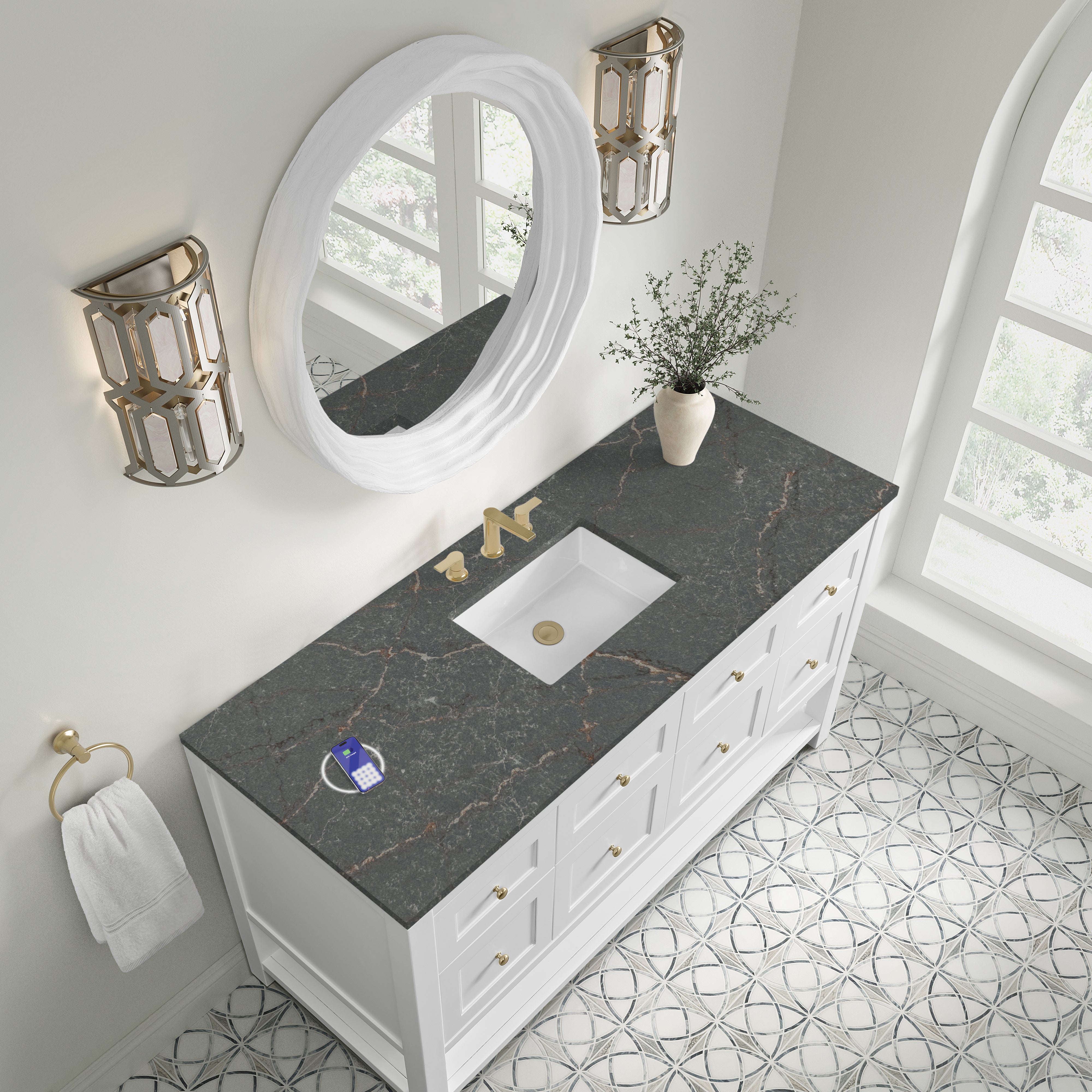 James Martin Breckenridge 60" Single Vanity in Bright White with 3cm Countertop and FreePower Wireless Charger
