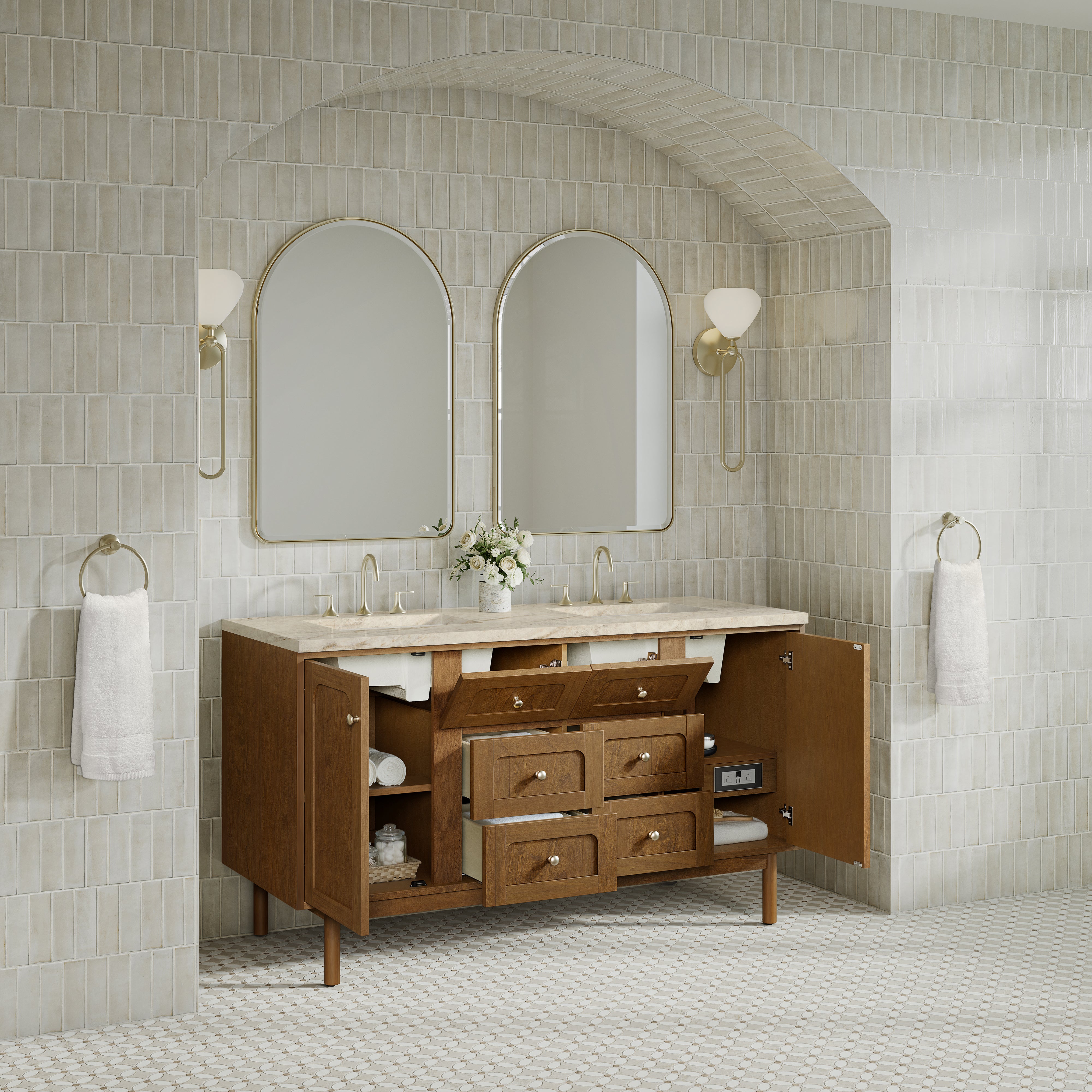 James Martin Laurent 60" Double Vanity in Honey Oak with 3cm Countertop and FreePower Wireless Charger