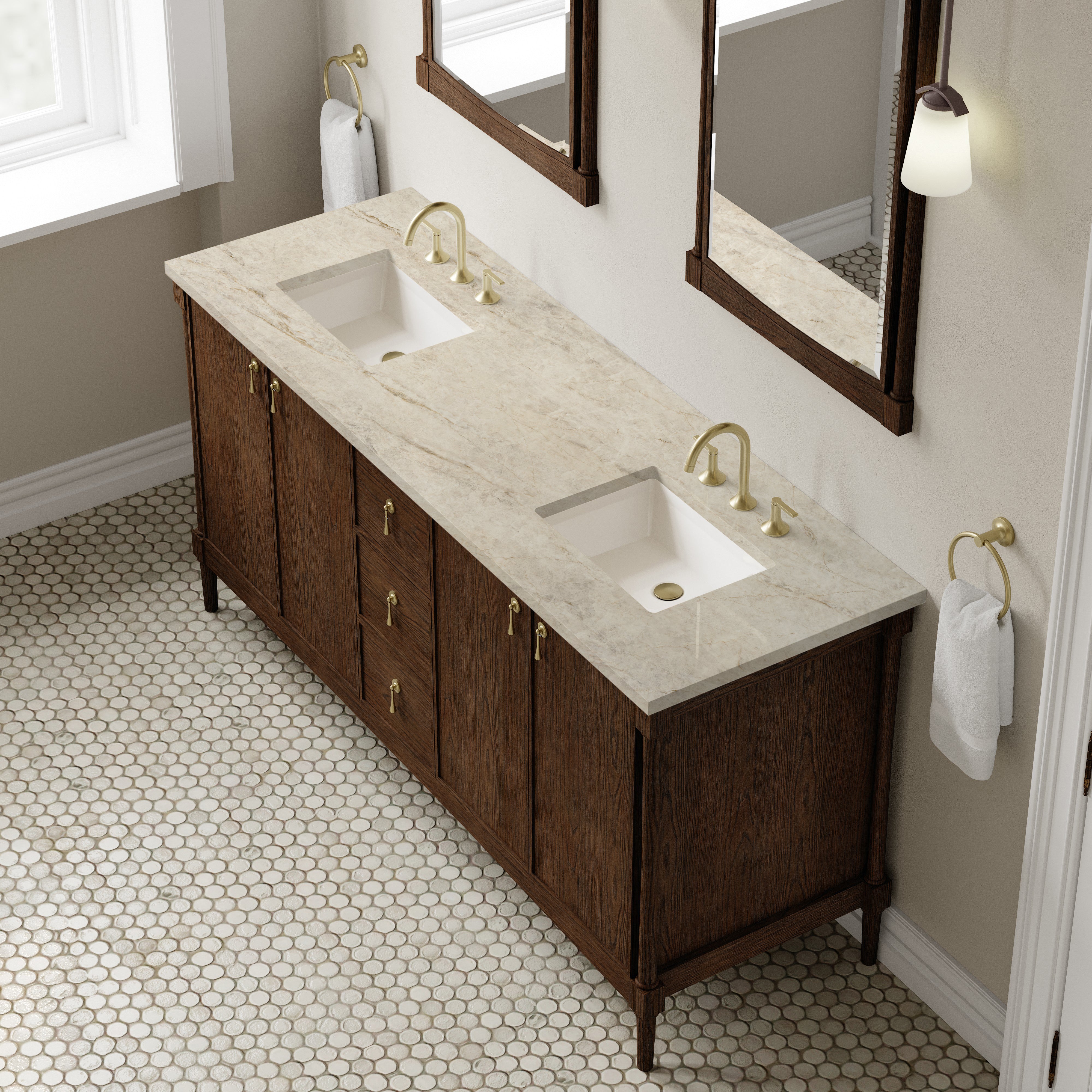 James Martin Kinnsden 72" Double Vanity in Sable Oak with 3cm Carrara Marble Top