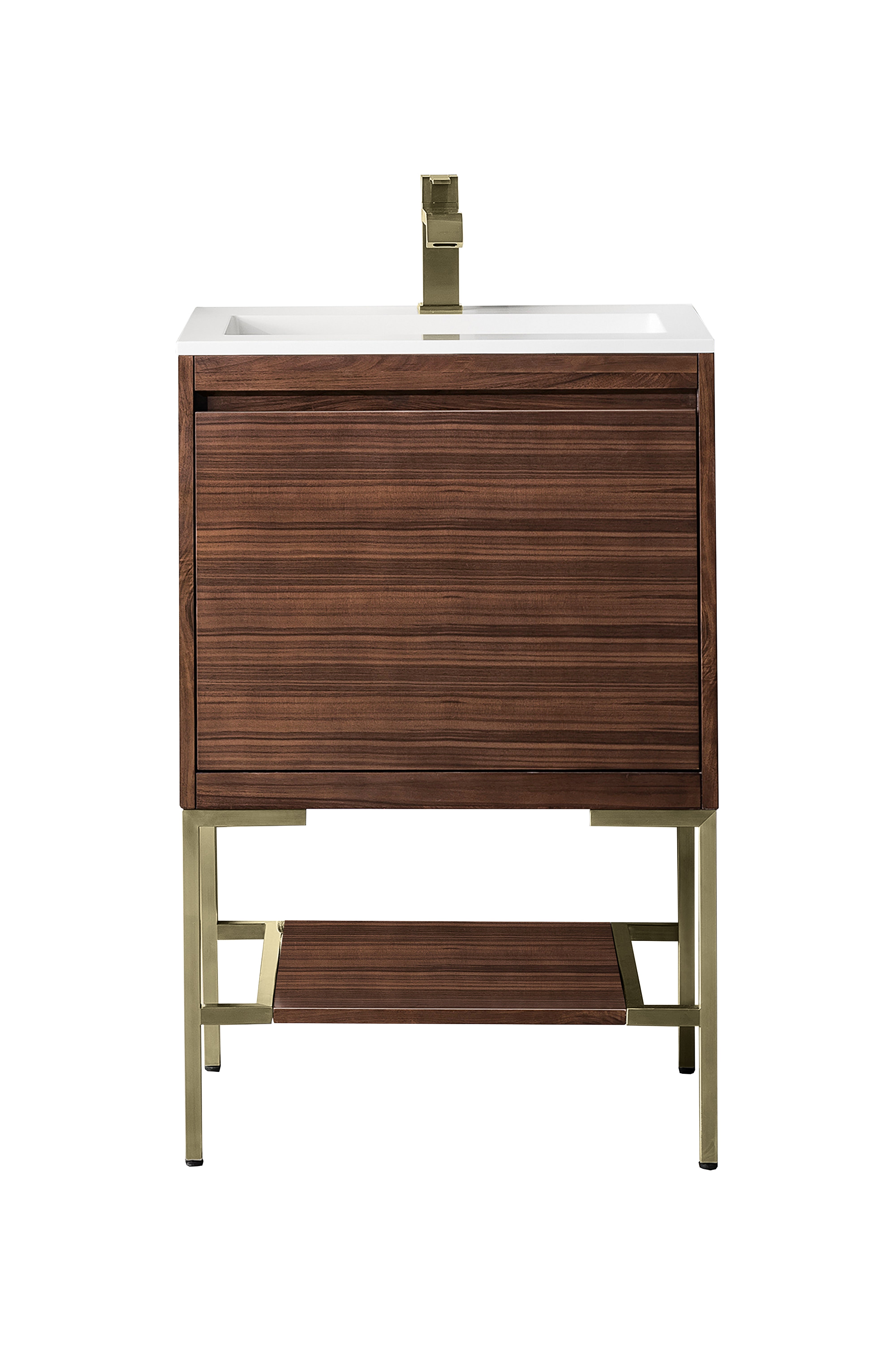 James Martin Mantova 23.6" Single Vanity, Mid-Century Walnut, Champagne Brass Base with Charcoal Black Composite Stone Top