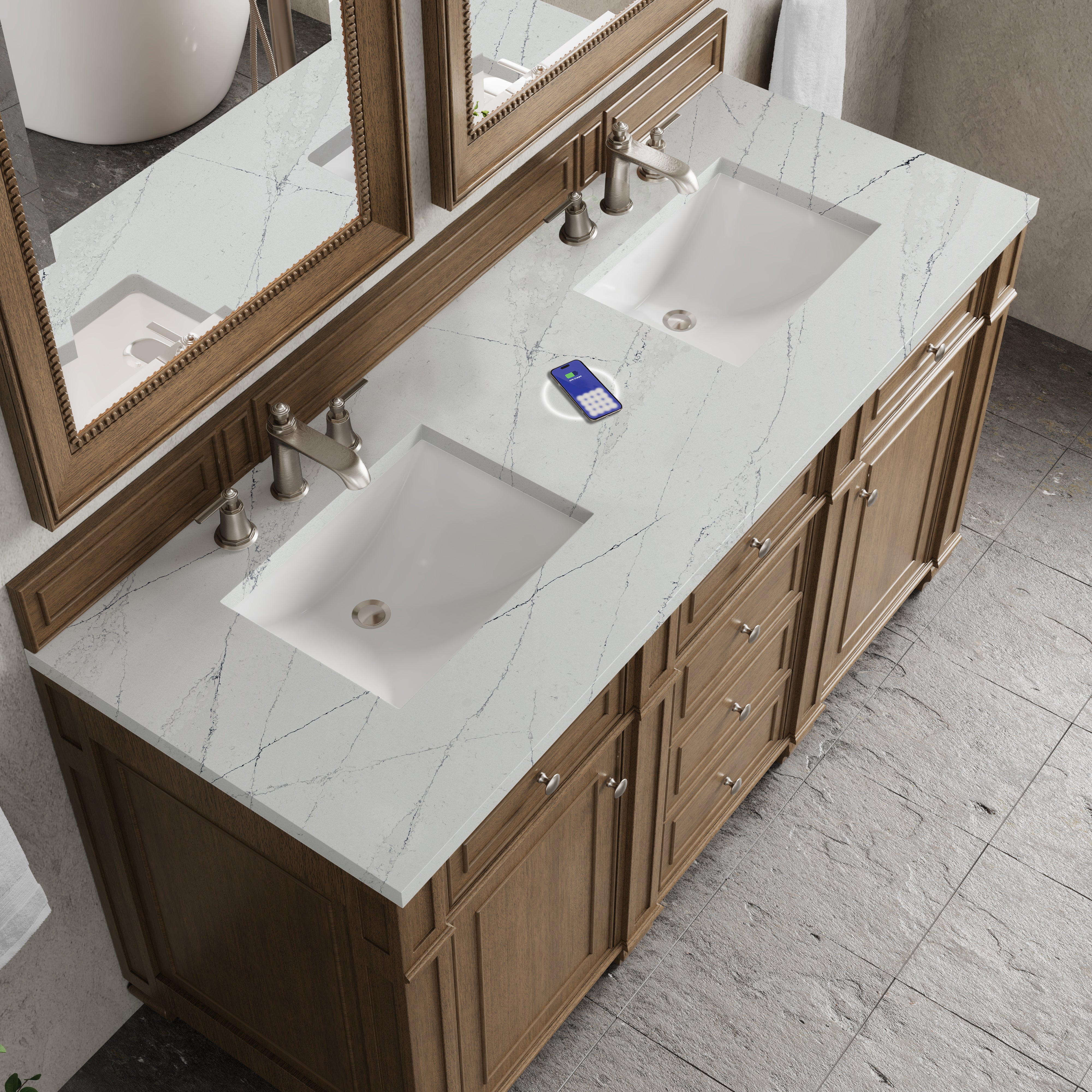 James Martin Bristol 60" Double Vanity in Saddle Brown with 3cm Countertop and FreePower Wireless Charger