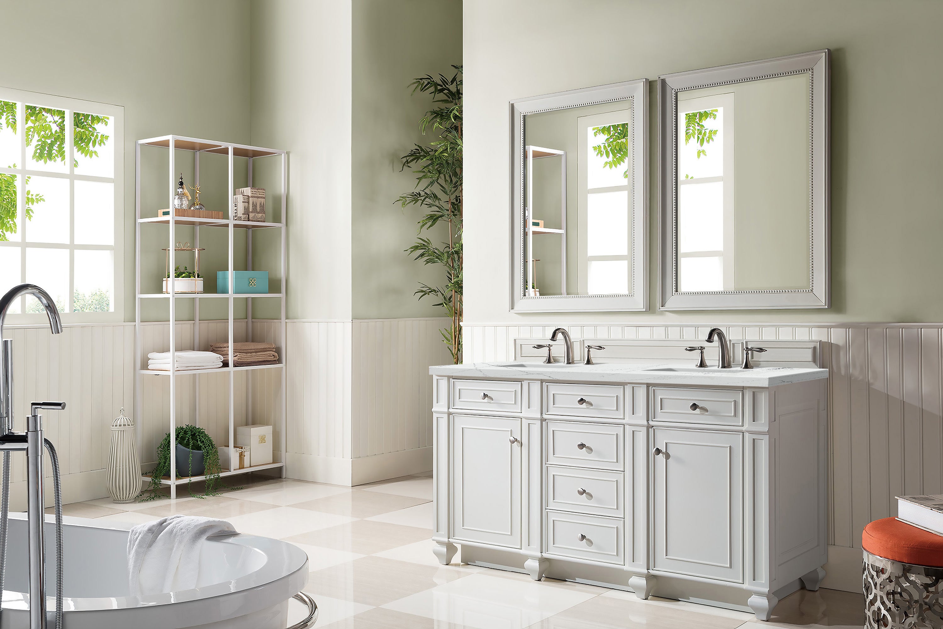 James Martin Bristol 60" Double Vanity in Bright White with 3cm Countertop and FreePower Wireless Charger