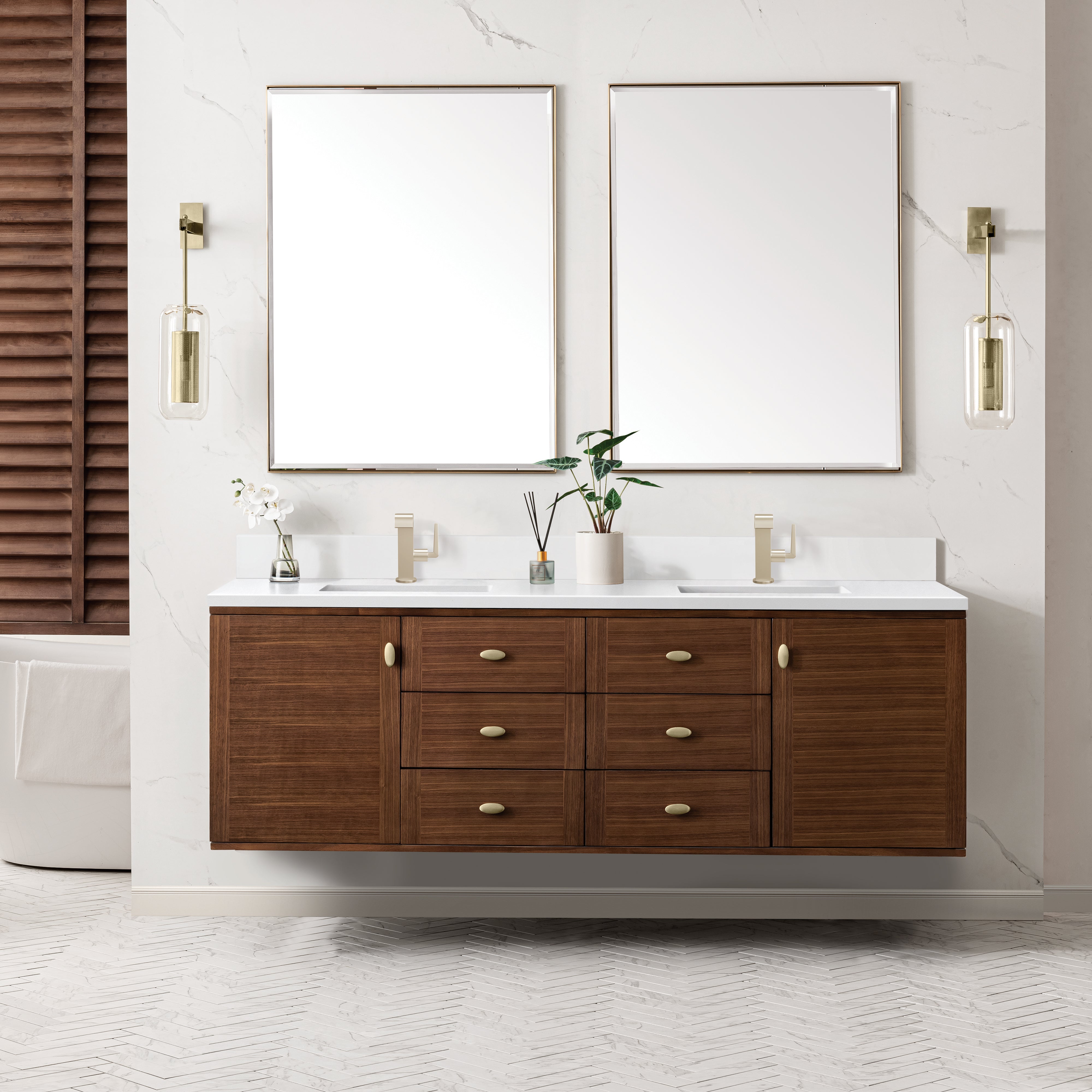 James Martin Amberly 72" Double Vanity in Mid-Century Walnut with 3cm Countertop