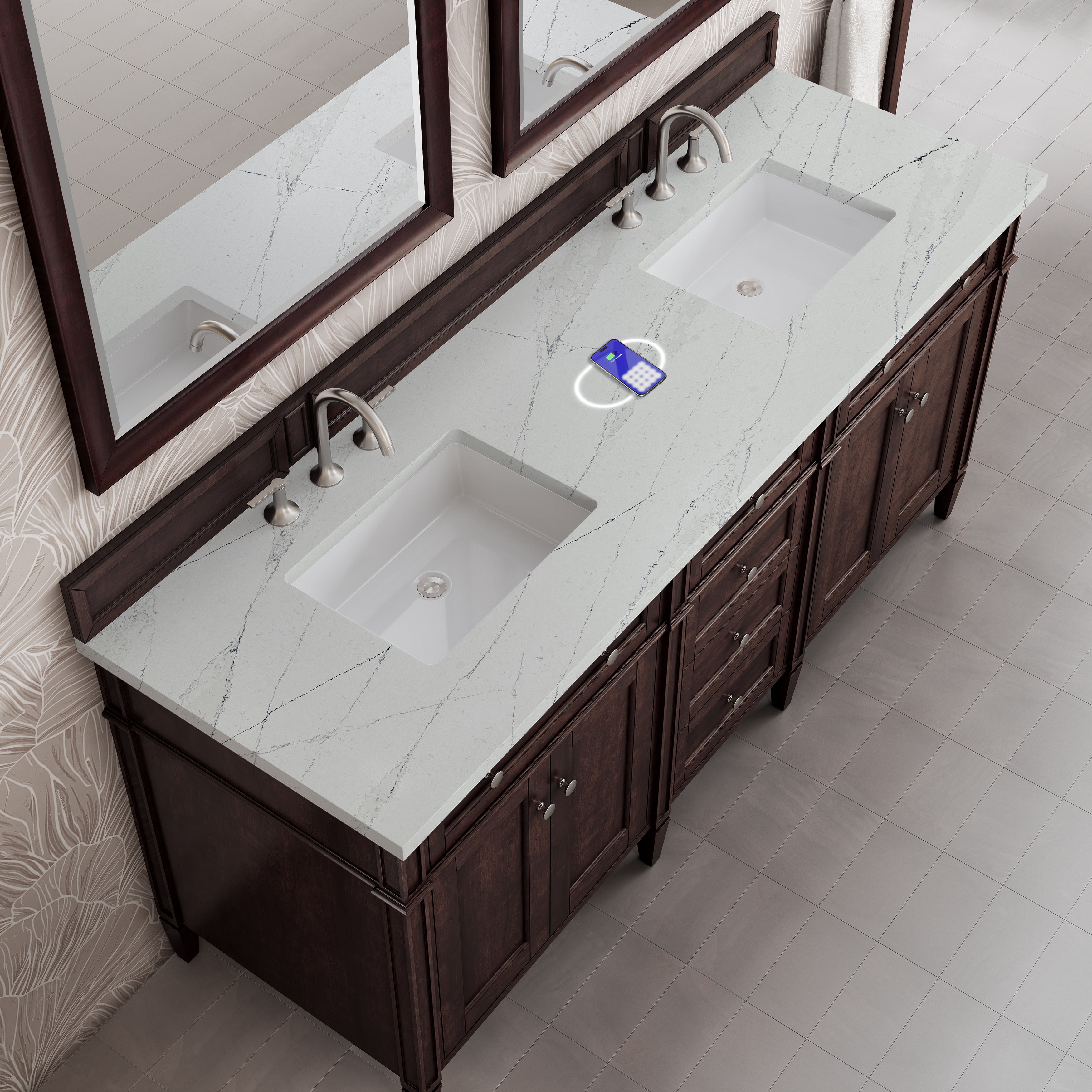 James Martin Brittany 72" Double Vanity in Burnished Mahogany with 3cm Countertop and FreePower Wireless Charger