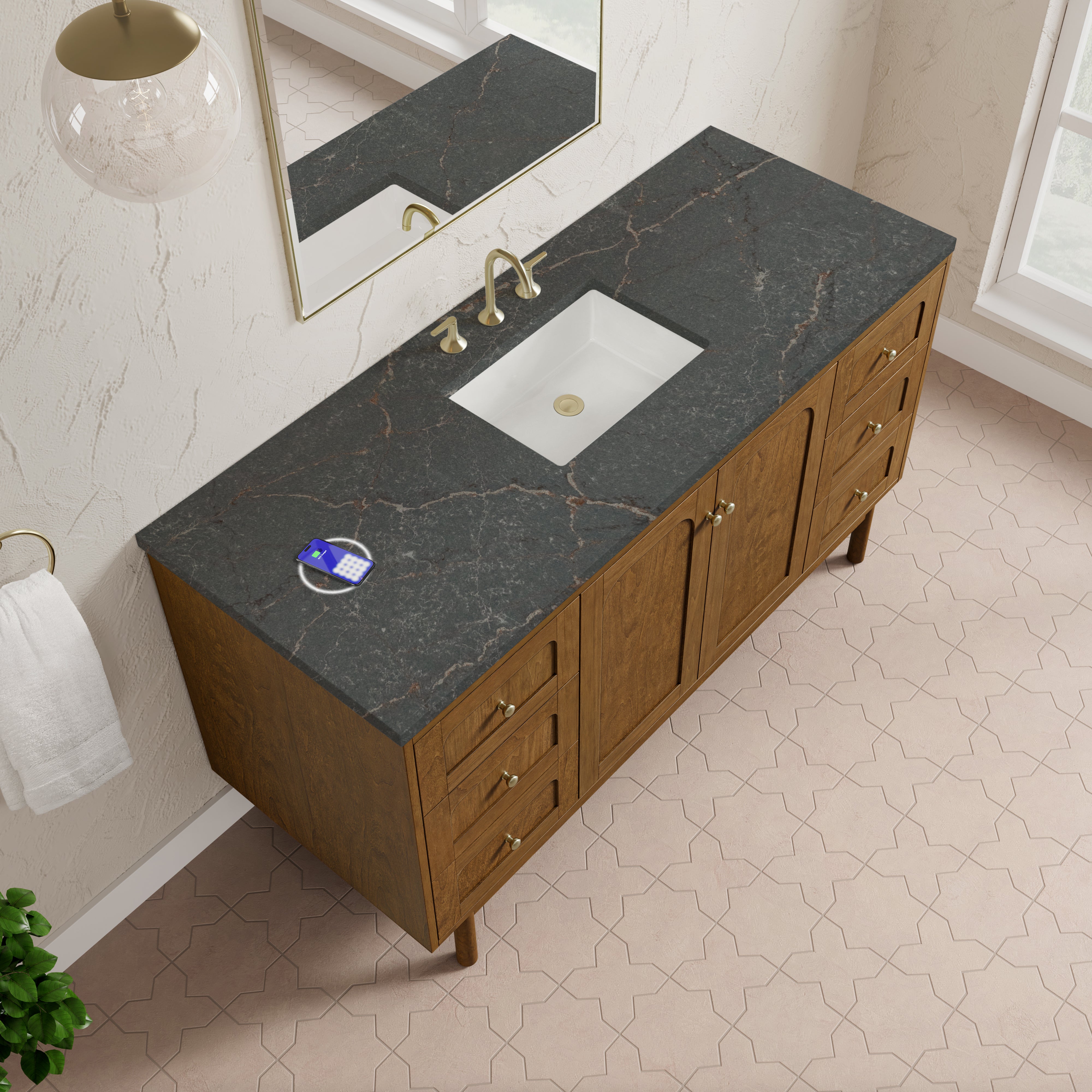 James Martin Laurent 60" Single Vanity in Honey Oak with 3cm Countertop and FreePower Wireless Charger