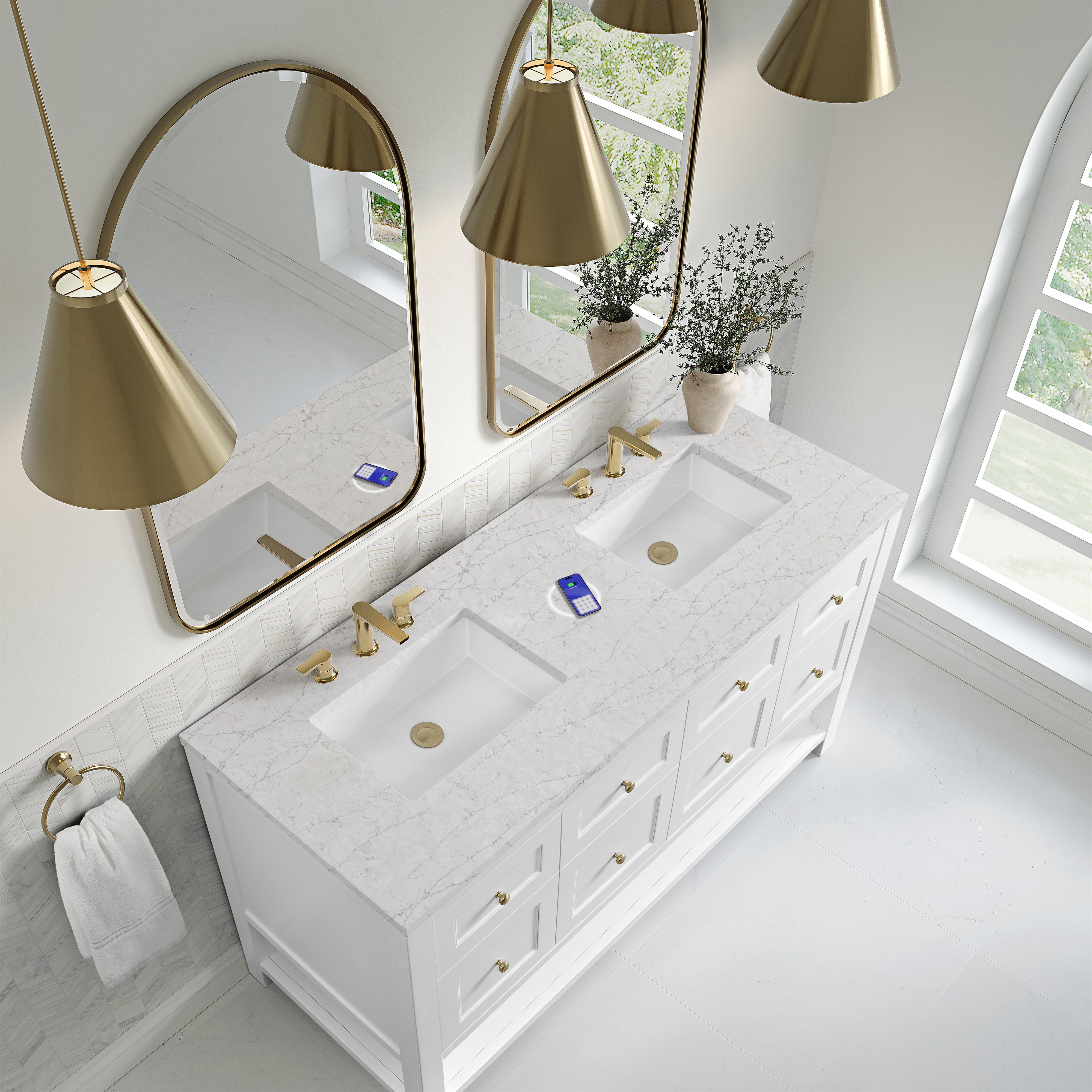 James Martin Breckenridge 60" Double Vanity in Bright White with 3cm Countertop and FreePower Wireless Charger