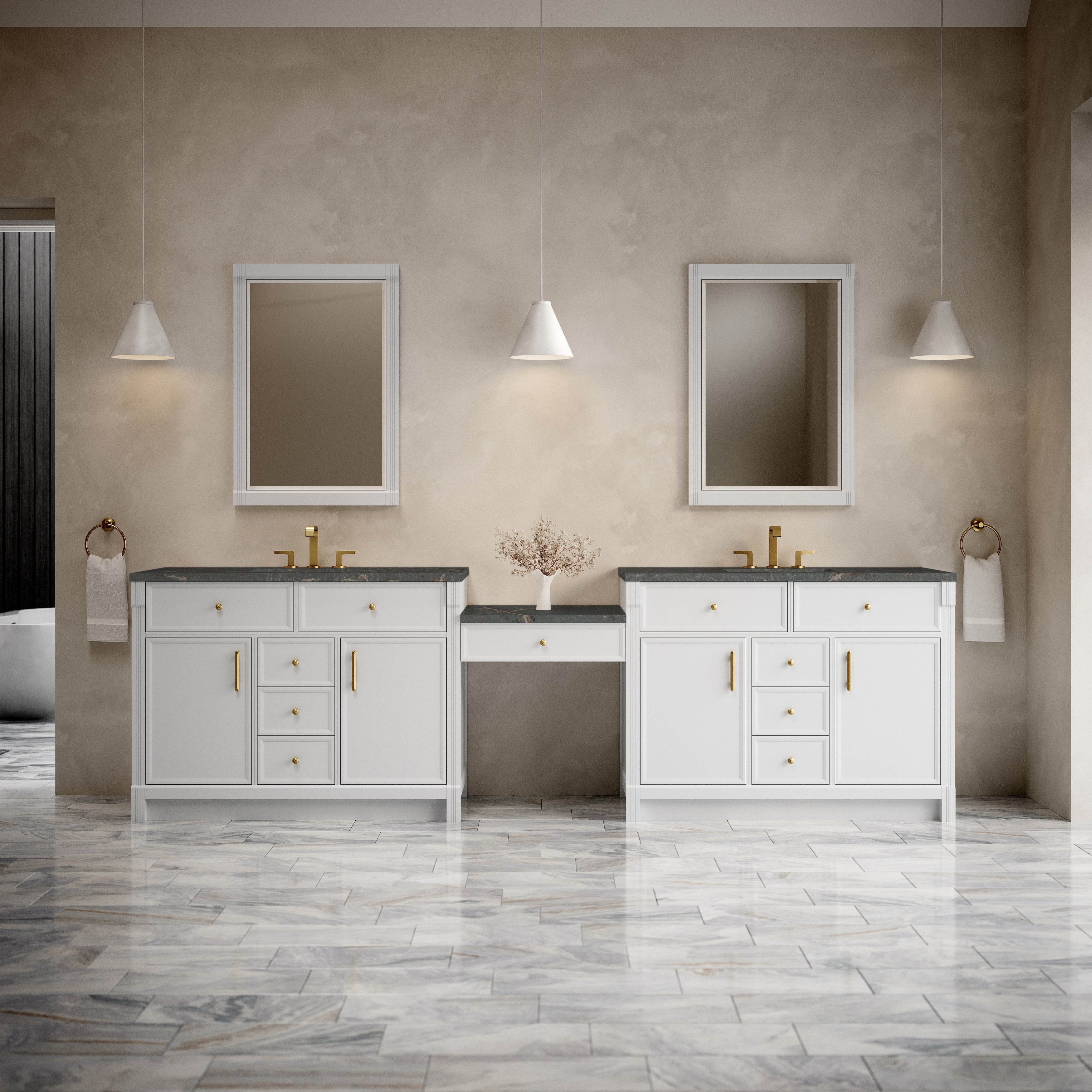 James Martin Bellshire 120" Dual Vanity Set with 24" Make-Up Counter in Bright White with 3cm Countertop
