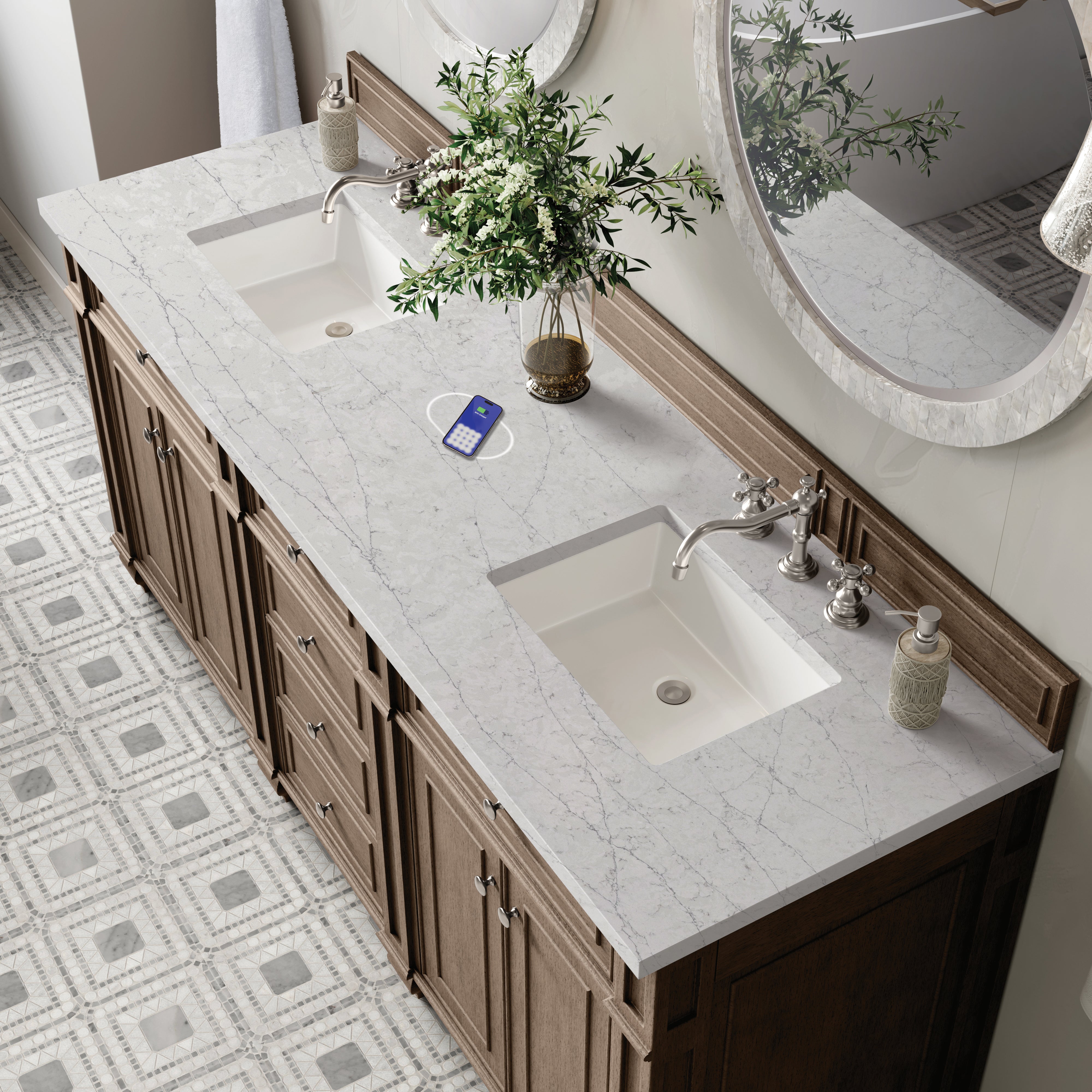 James Martin Bristol 72" Double Vanity in Whitewashed Walnut with 3cm Countertop and FreePower Wireless Charger