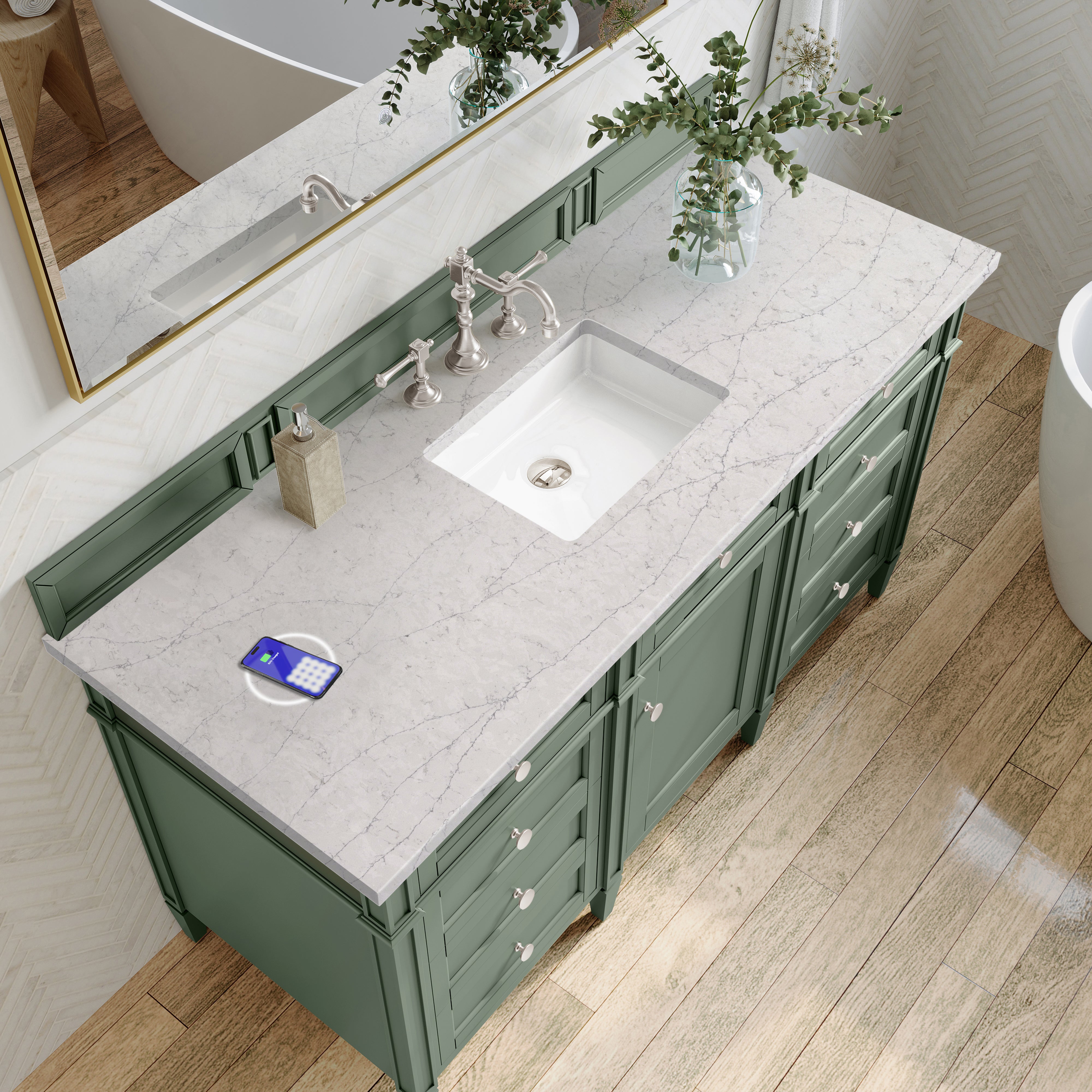 James Martin Brittany 60" Single Vanity in Smokey Celadon with 3cm Countertop and FreePower Wireless Charger