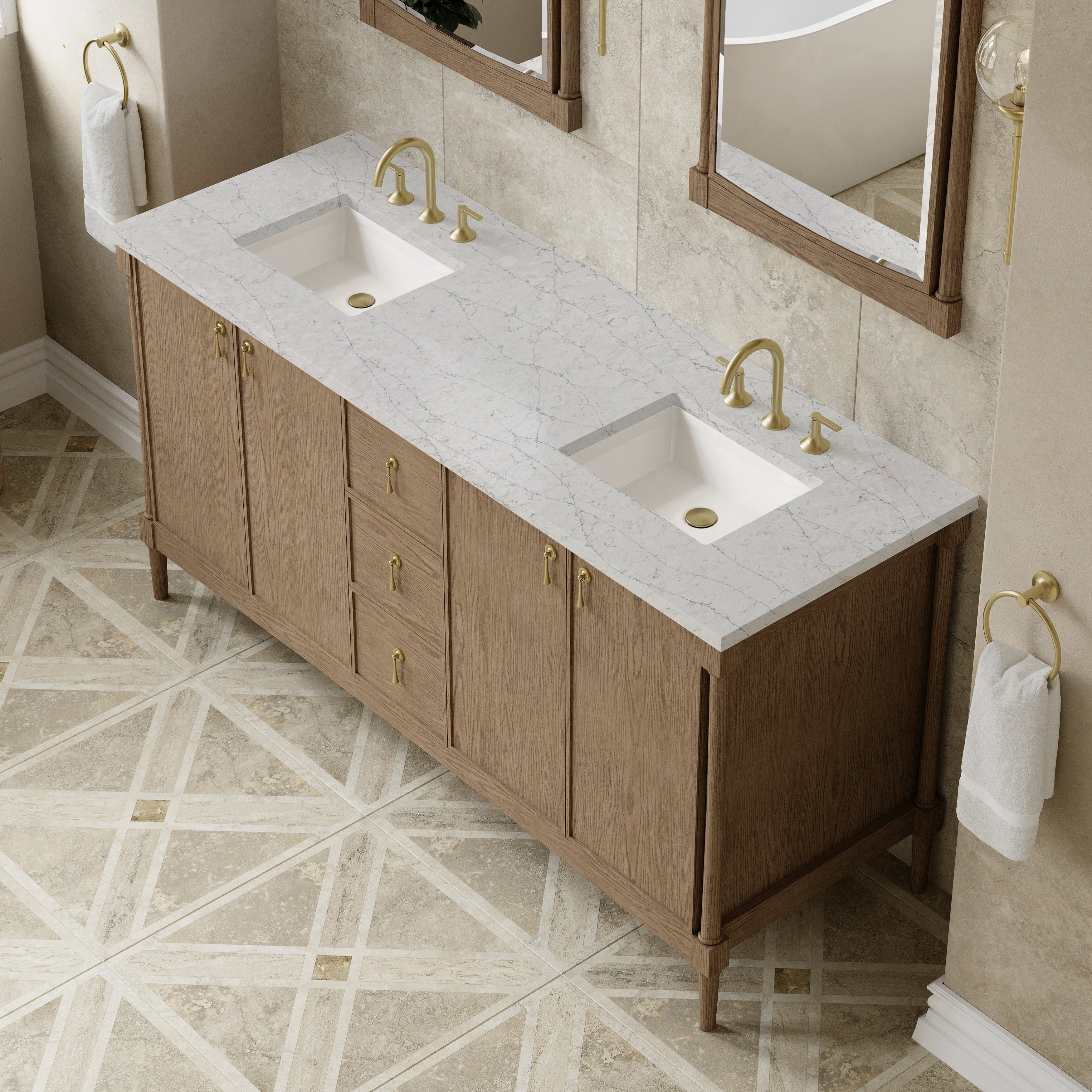 James Martin Kinnsden 72" Double Vanity in Weathered Oak with 3cm Carrara Marble Top