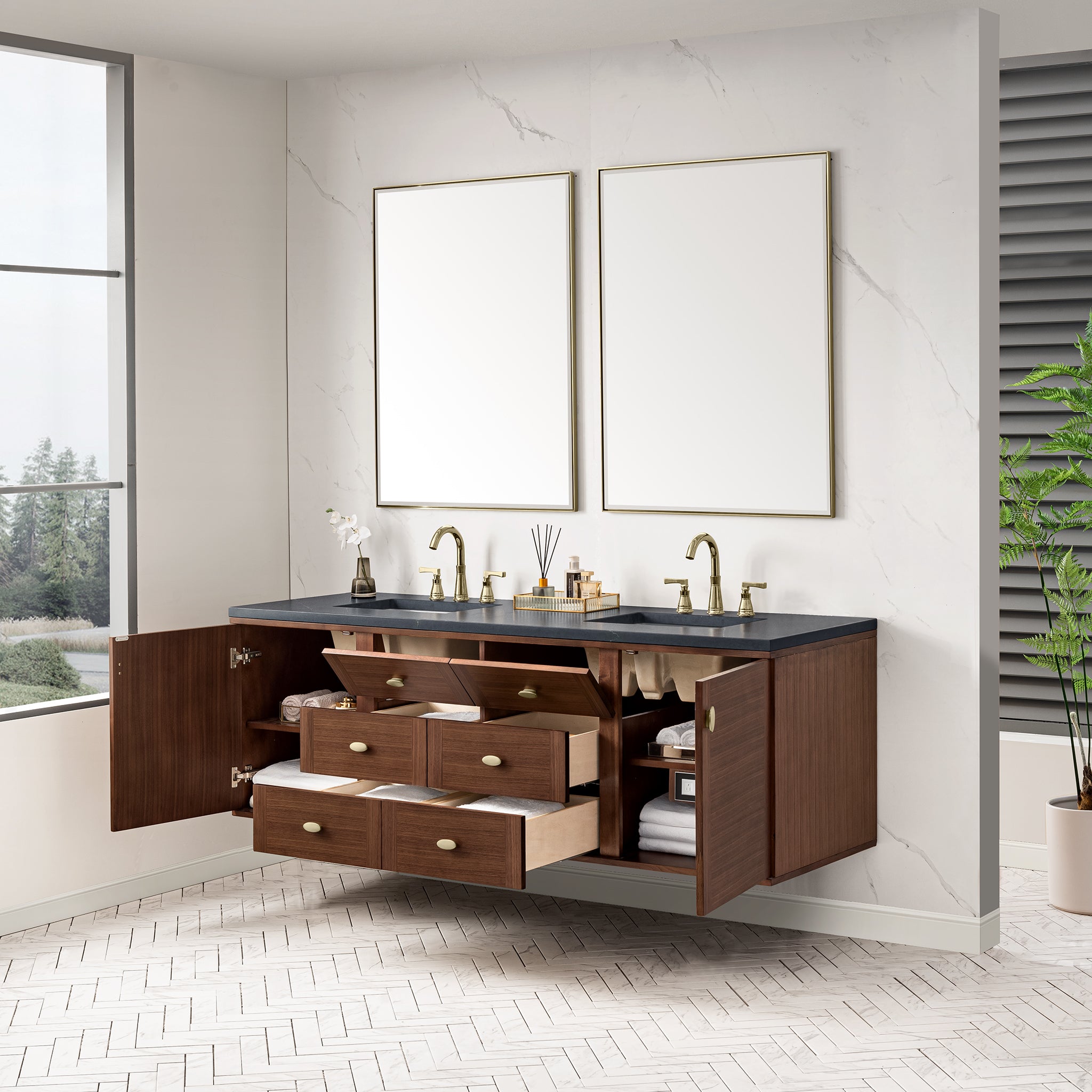 James Martin Amberly 72" Double Vanity in Mid-Century Walnut with 3cm Countertop