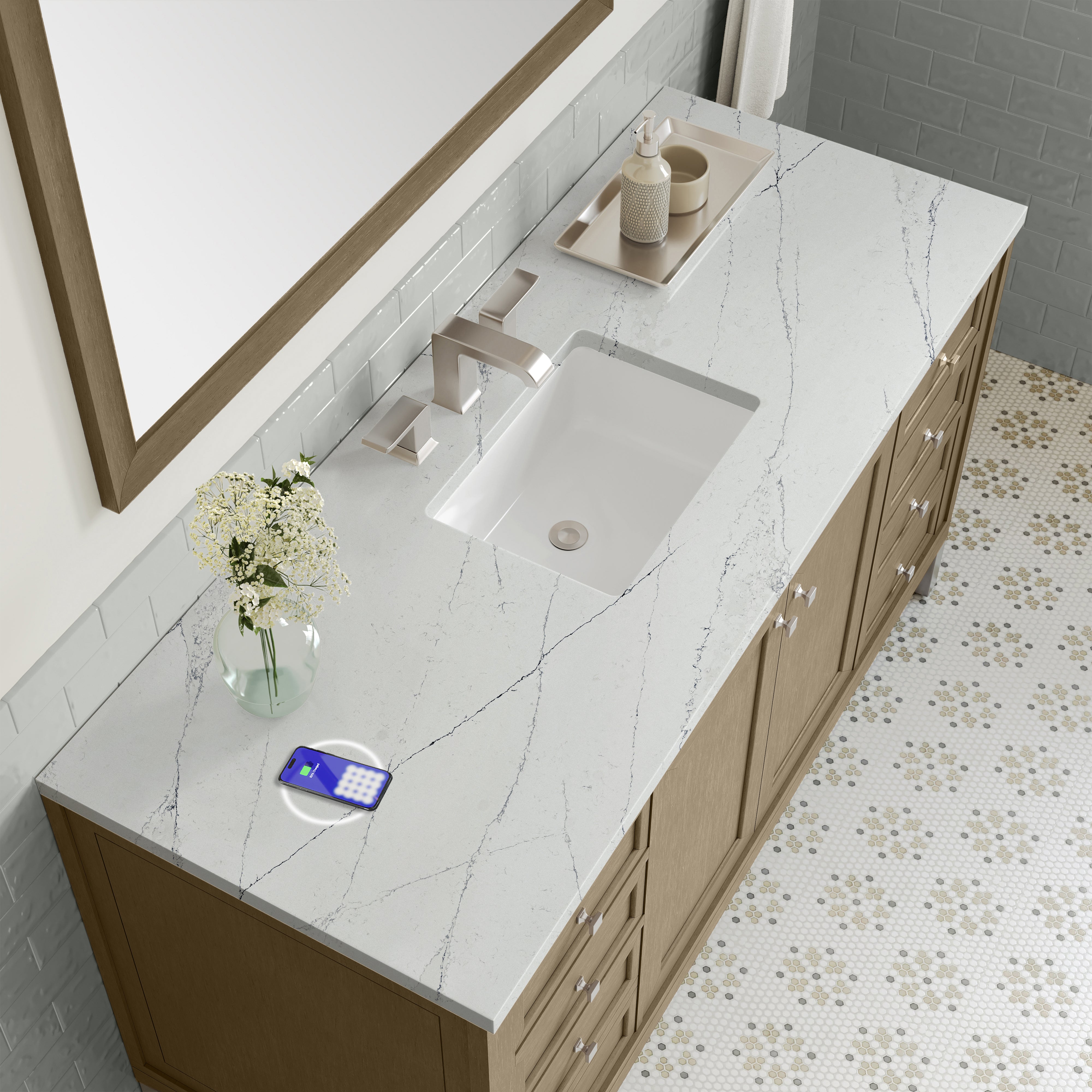 James Martin Chicago 60" Single Vanity in Walnut Whisper with 3cm Countertop and FreePower Wireless Charger