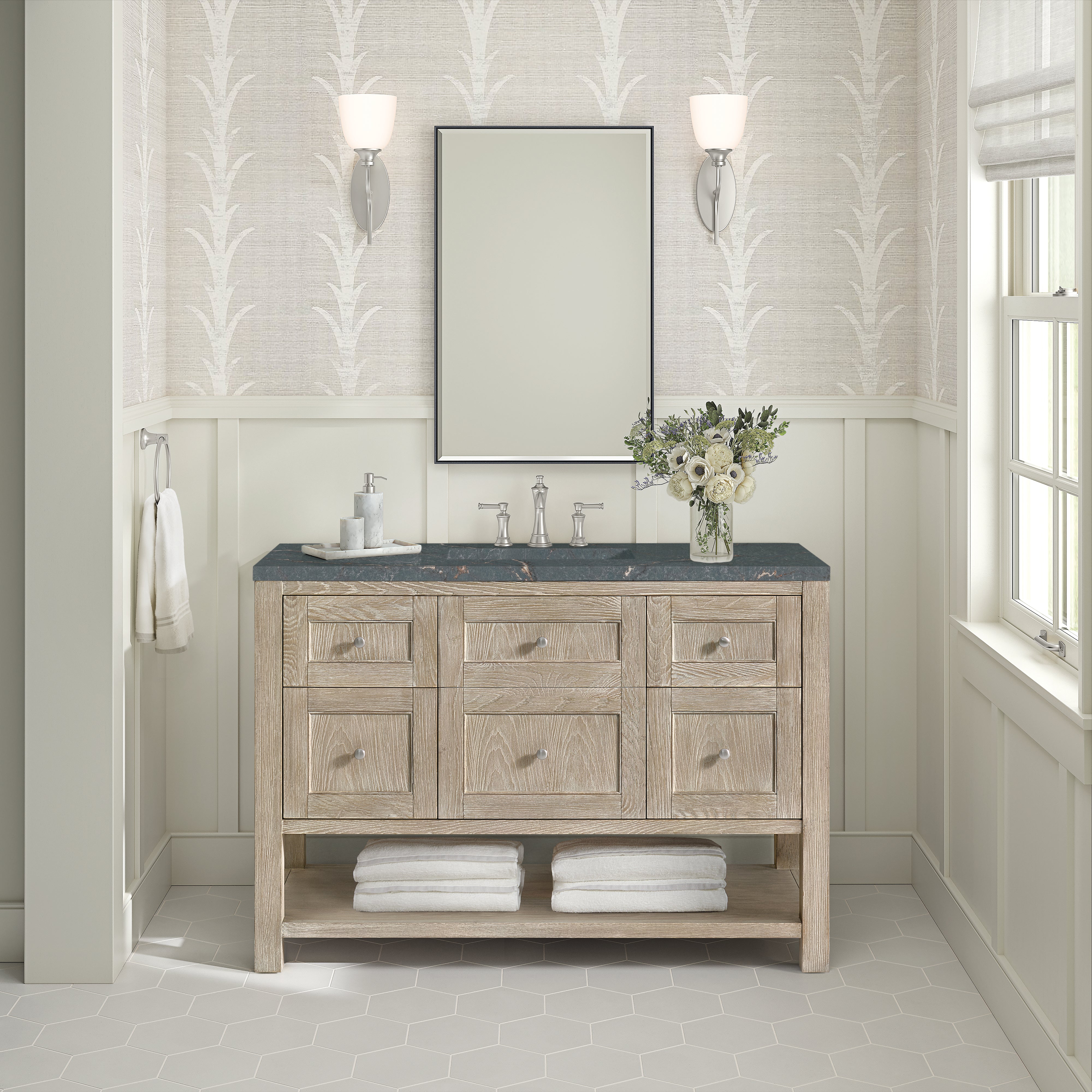 James Martin Breckenridge 48" Single Vanity in Whitewashed Oak with 3cm Countertop and FreePower Wireless Charger