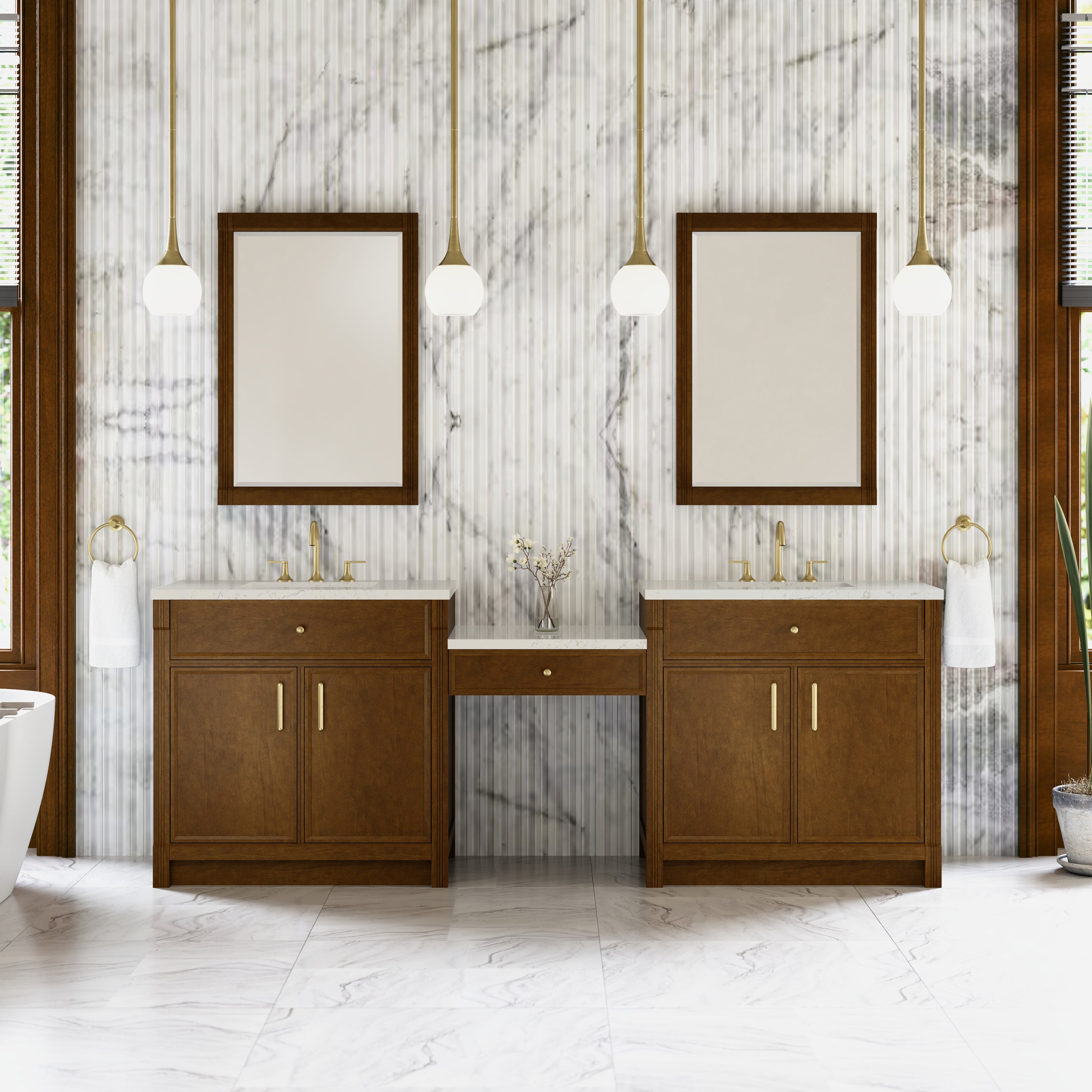 James Martin Bellshire 96" Dual Vanity Set with 24" Make-Up Counter in Honey Oak with 3cm Countertop