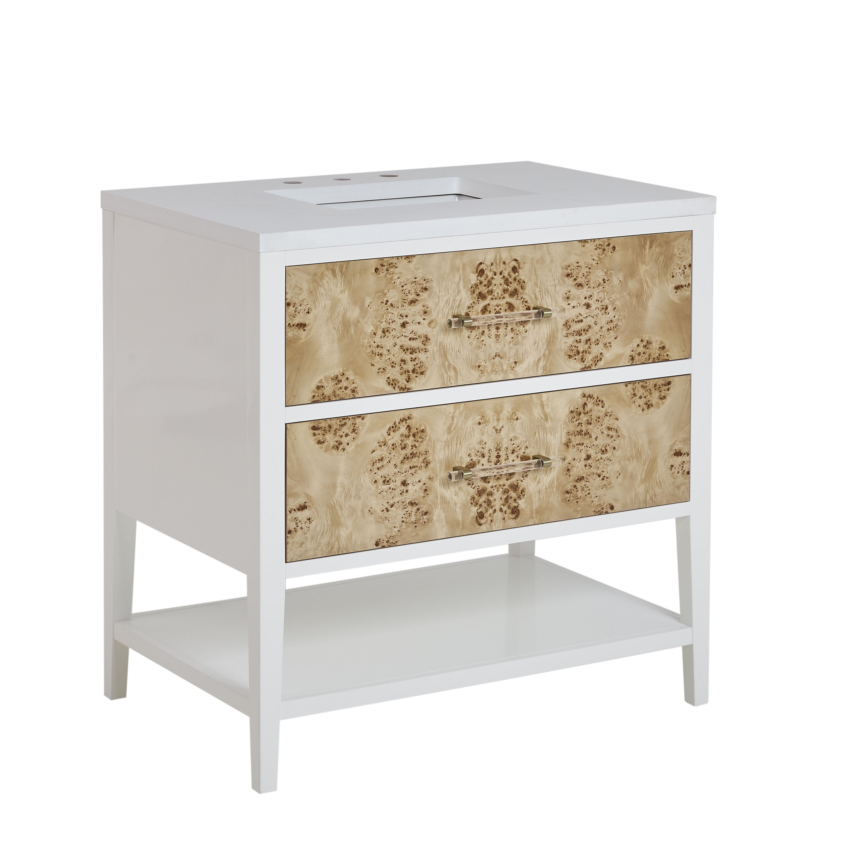 James Martin Olena 36" Single Vanity in Light Mappa Burl and Polished White with 3cm Countertop