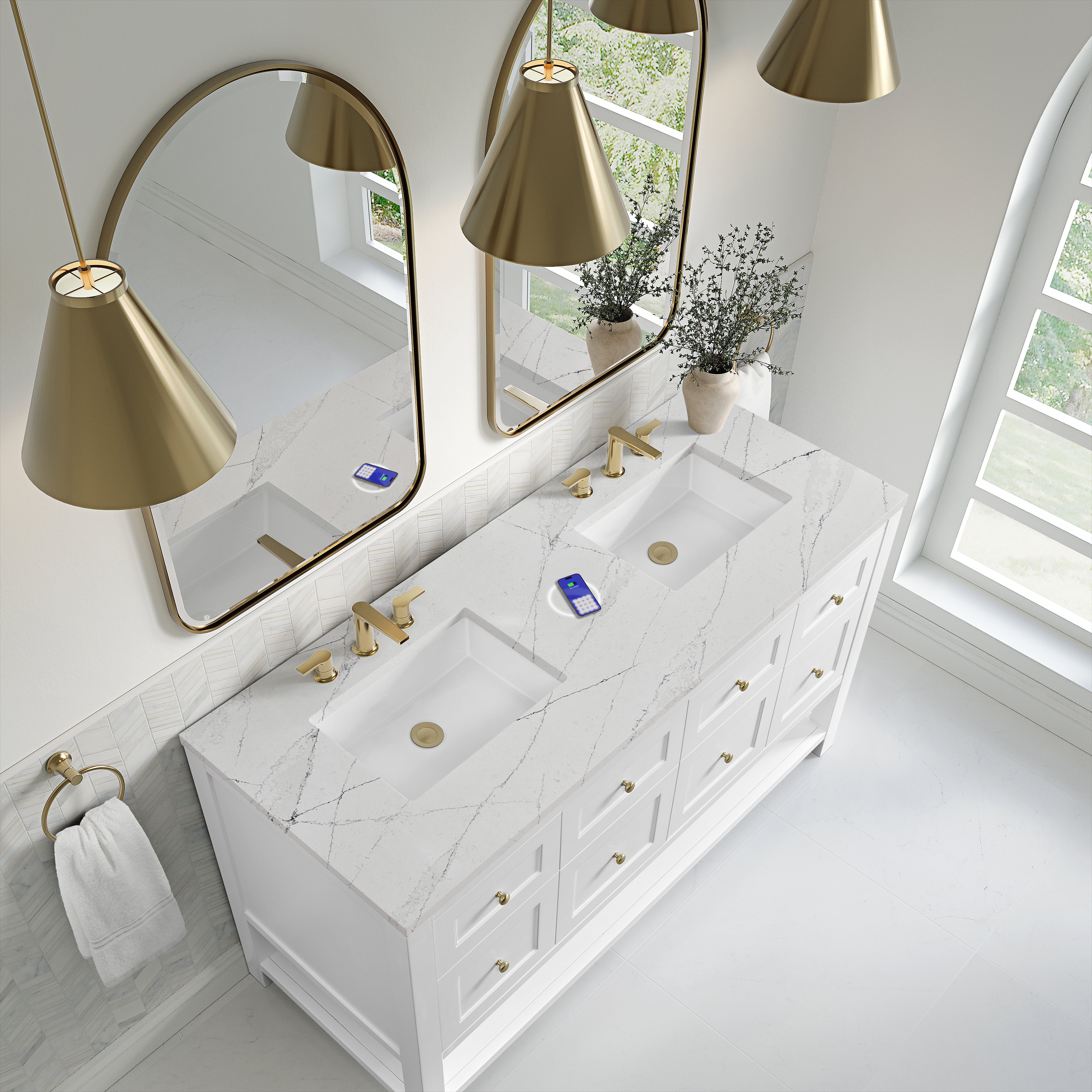 James Martin Breckenridge 60" Double Vanity in Bright White with 3cm Countertop and FreePower Wireless Charger