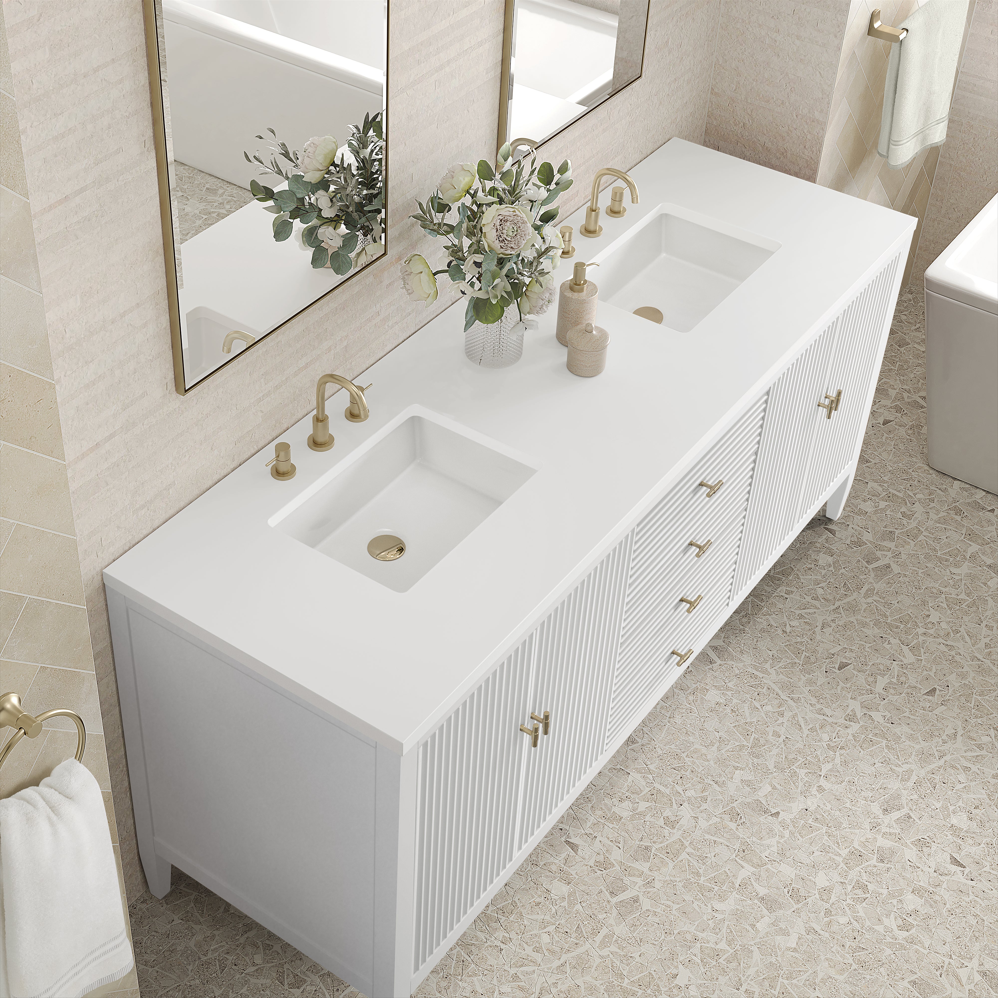 James Martin Myrrin 72" Double Vanity in Bright White with 3cm Countertop