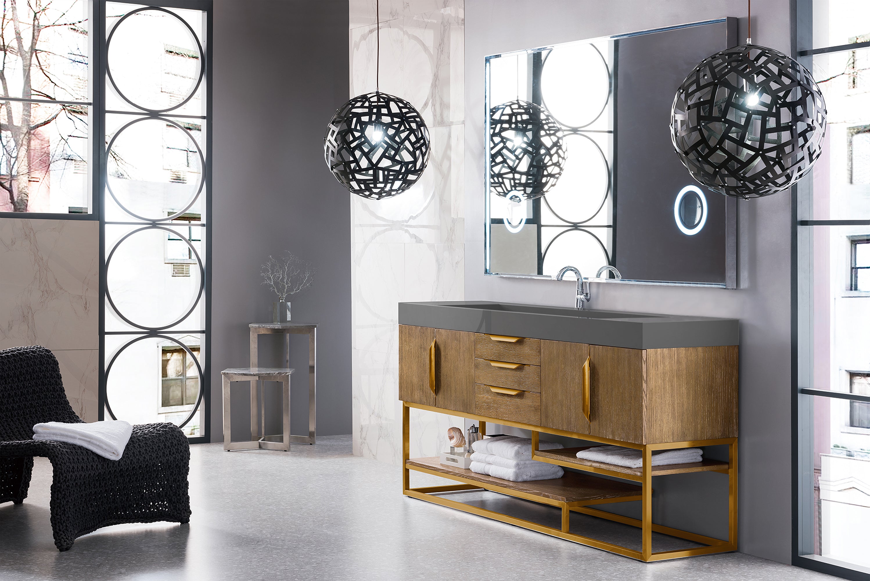 James Martin Columbia 72" Single Vanity in Latte Oak, Radiant Gold with Dusk Grey Glossy Composite Stone Top