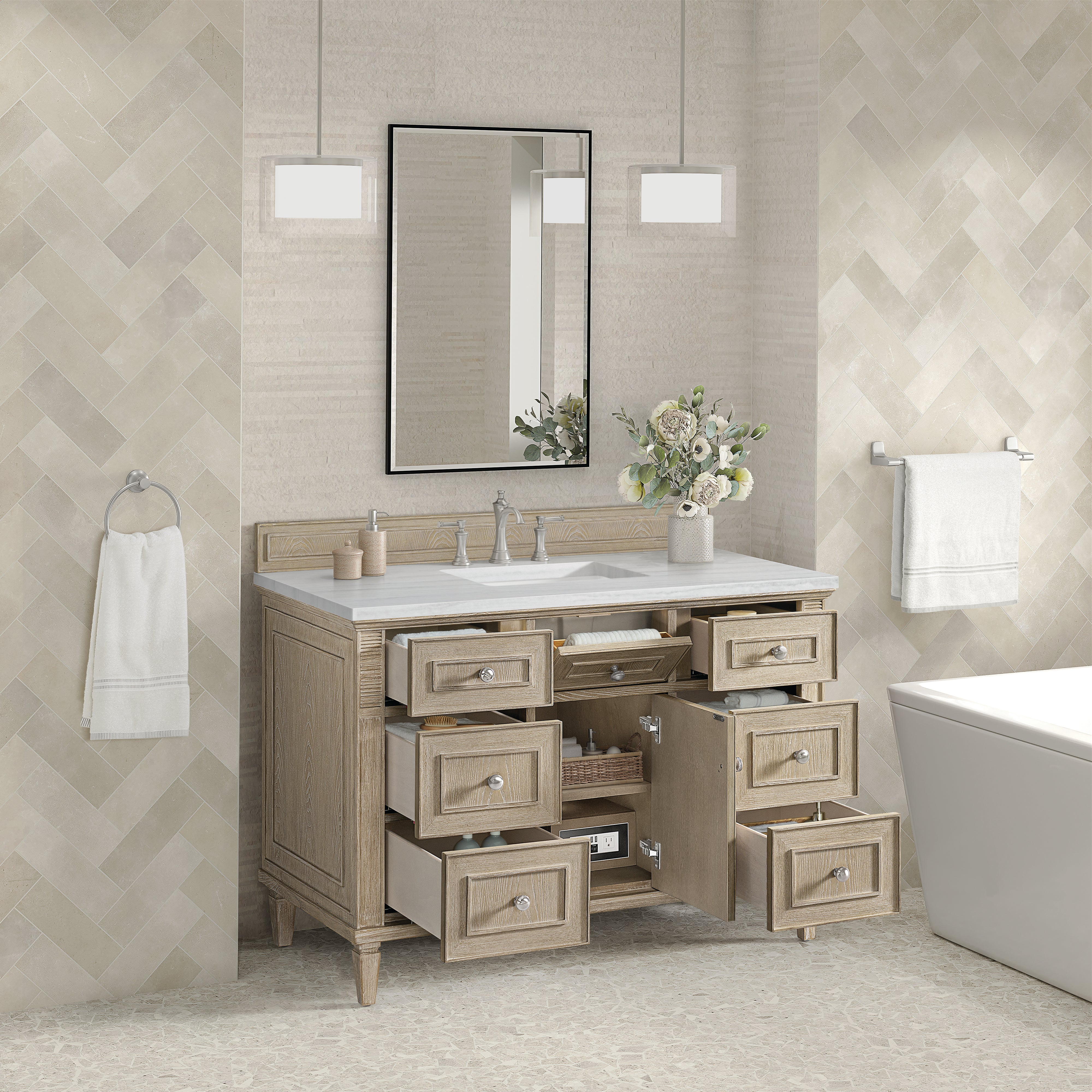 James Martin Lorelai 48" Single Vanity in Whitewashed Oak with 3cm Countertop