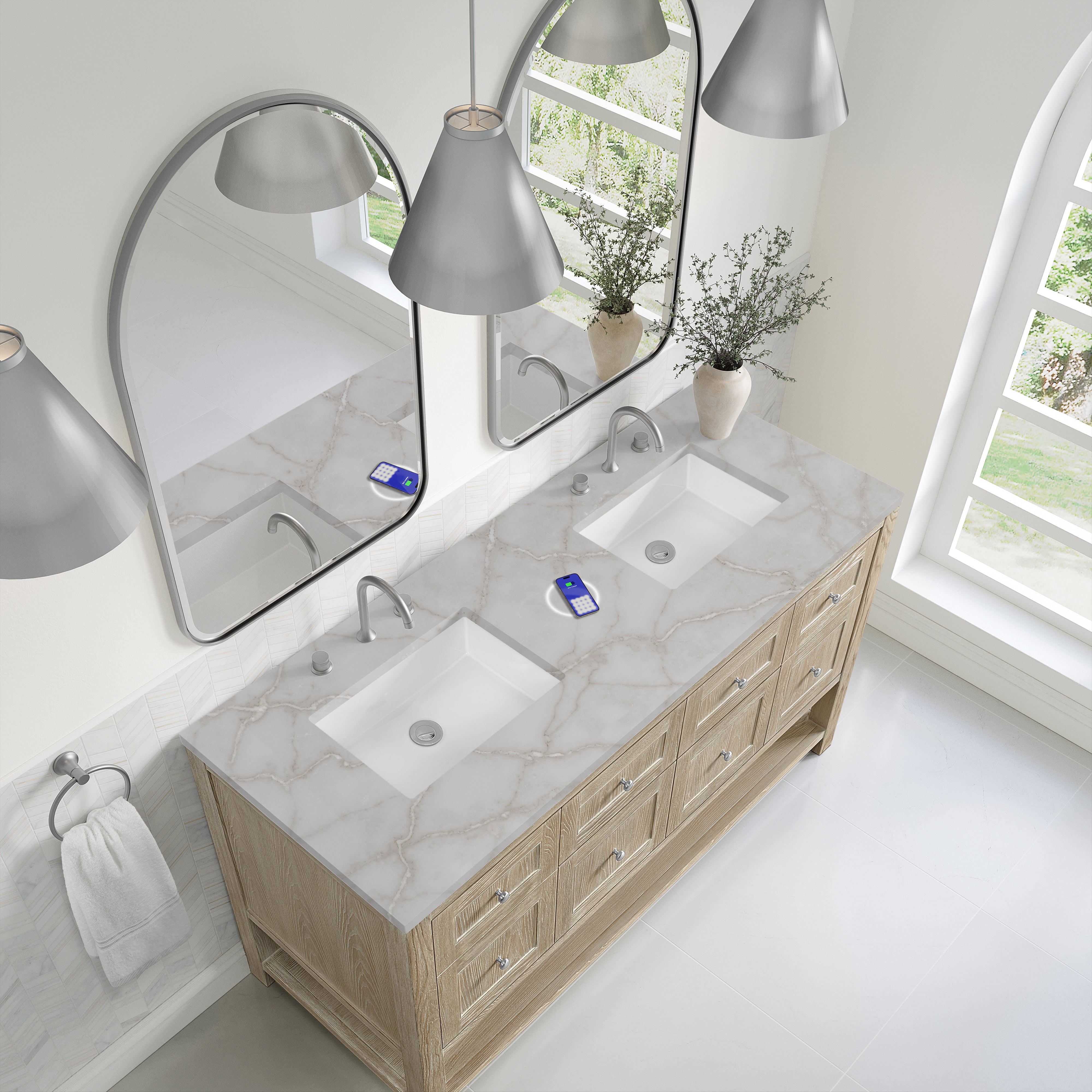 James Martin Breckenridge 60" Double Vanity in Whitewashed Oak with 3cm Countertop and FreePower Wireless Charger