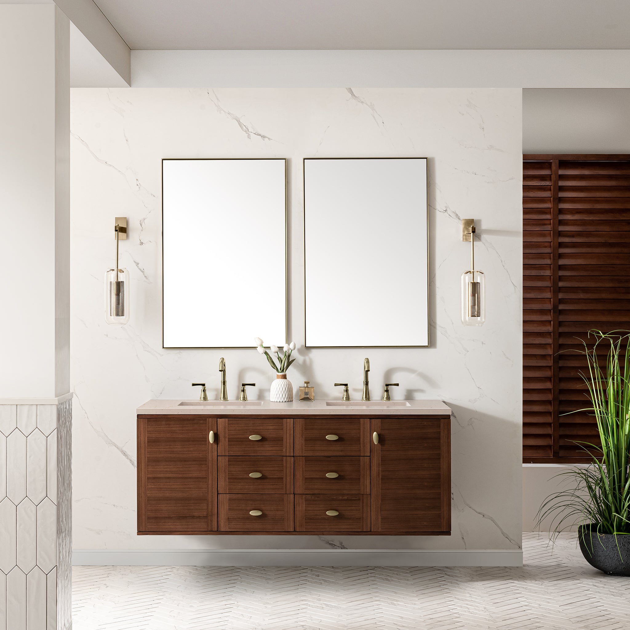 James Martin Amberly 60" Double Vanity in Mid-Century Walnut with 3cm Countertop