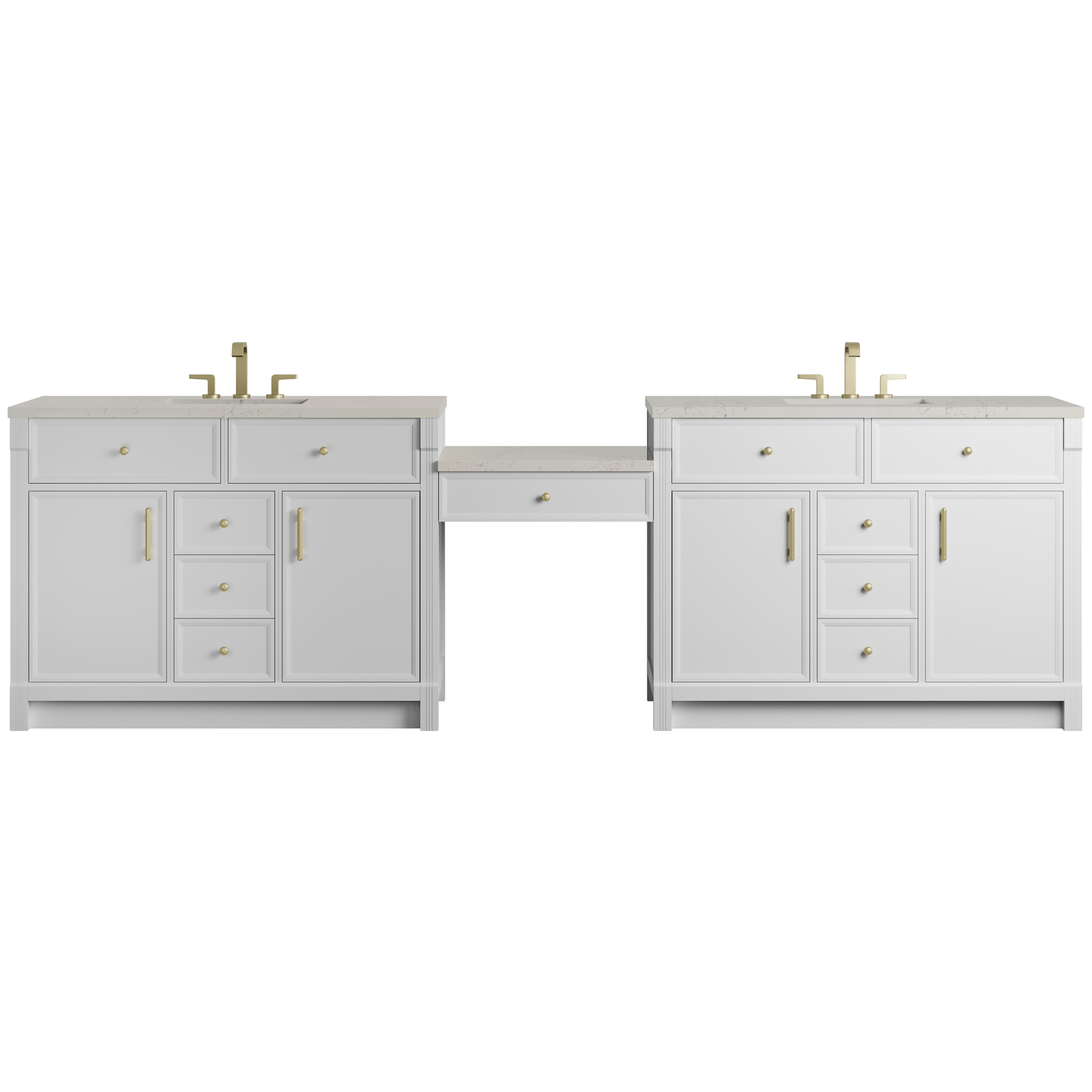 James Martin Bellshire 120" Dual Vanity Set with 24" Make-Up Counter in Bright White with 3cm Countertop