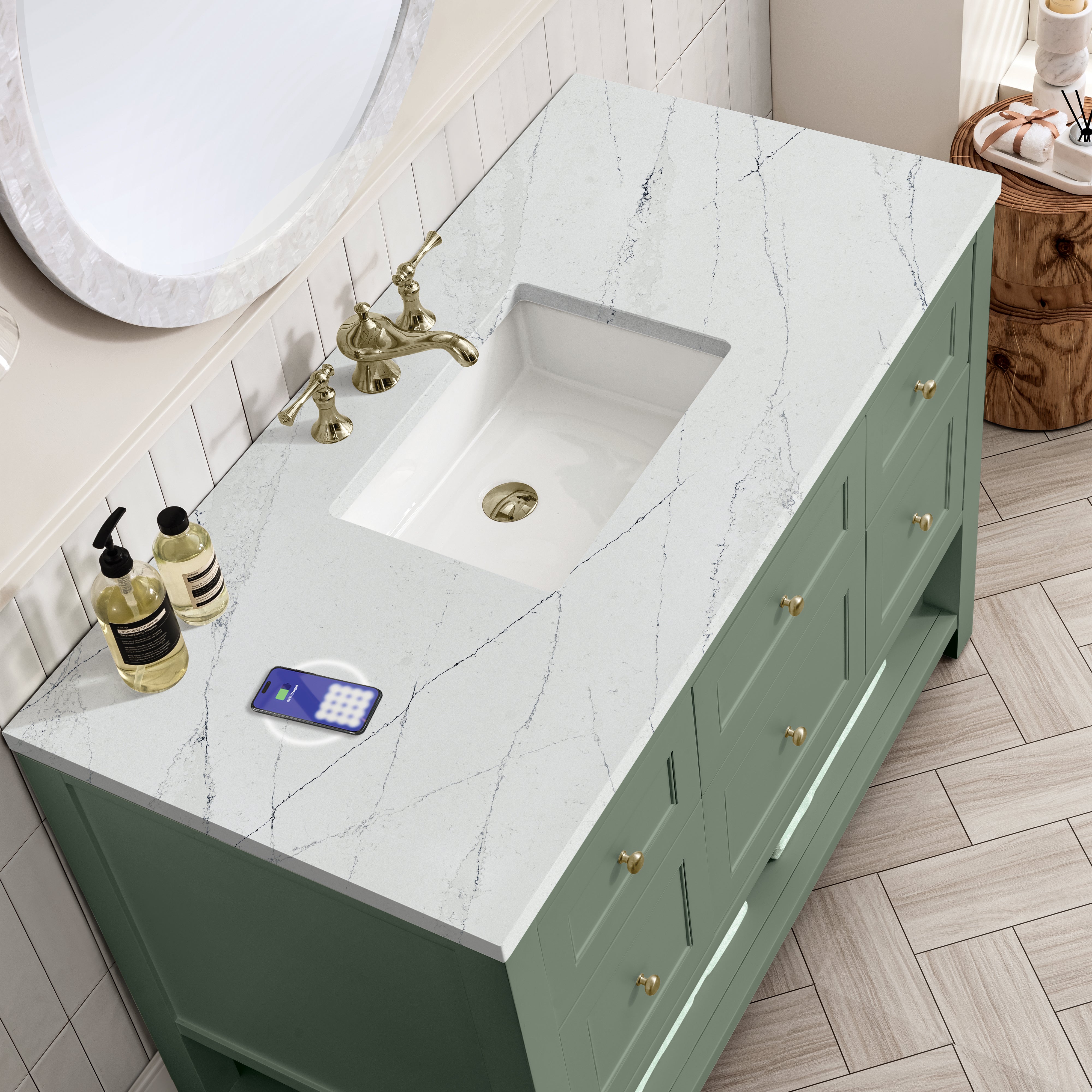 James Martin Breckenridge 48" Single Vanity in Smokey Celadon with 3cm Countertop and FreePower Wireless Charger