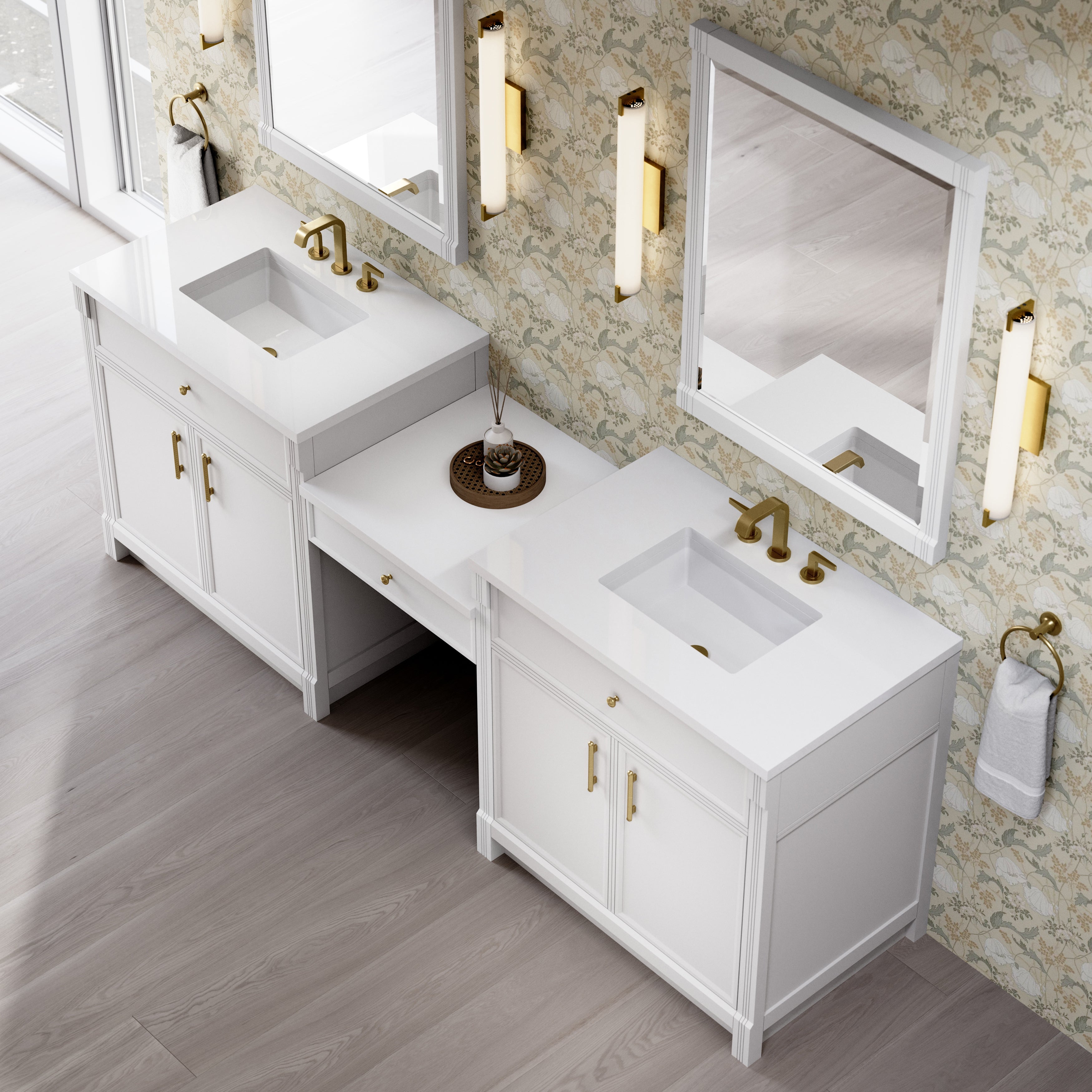 James Martin Bellshire 96" Dual Vanity Set with 24" Make-Up Counter in Bright White with 3cm Countertop