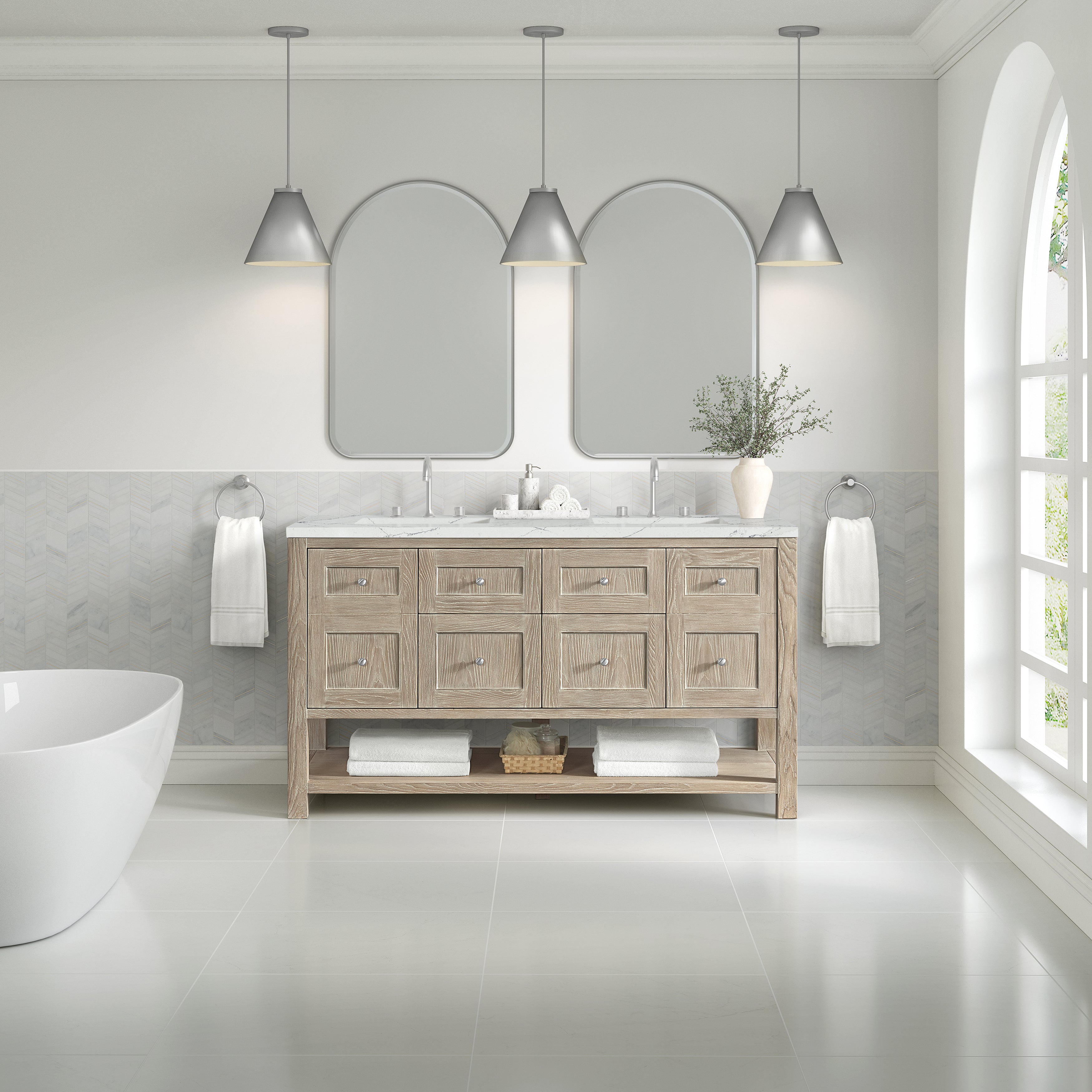 James Martin Breckenridge 60" Double Vanity in Whitewashed Oak with 3cm Countertop and FreePower Wireless Charger