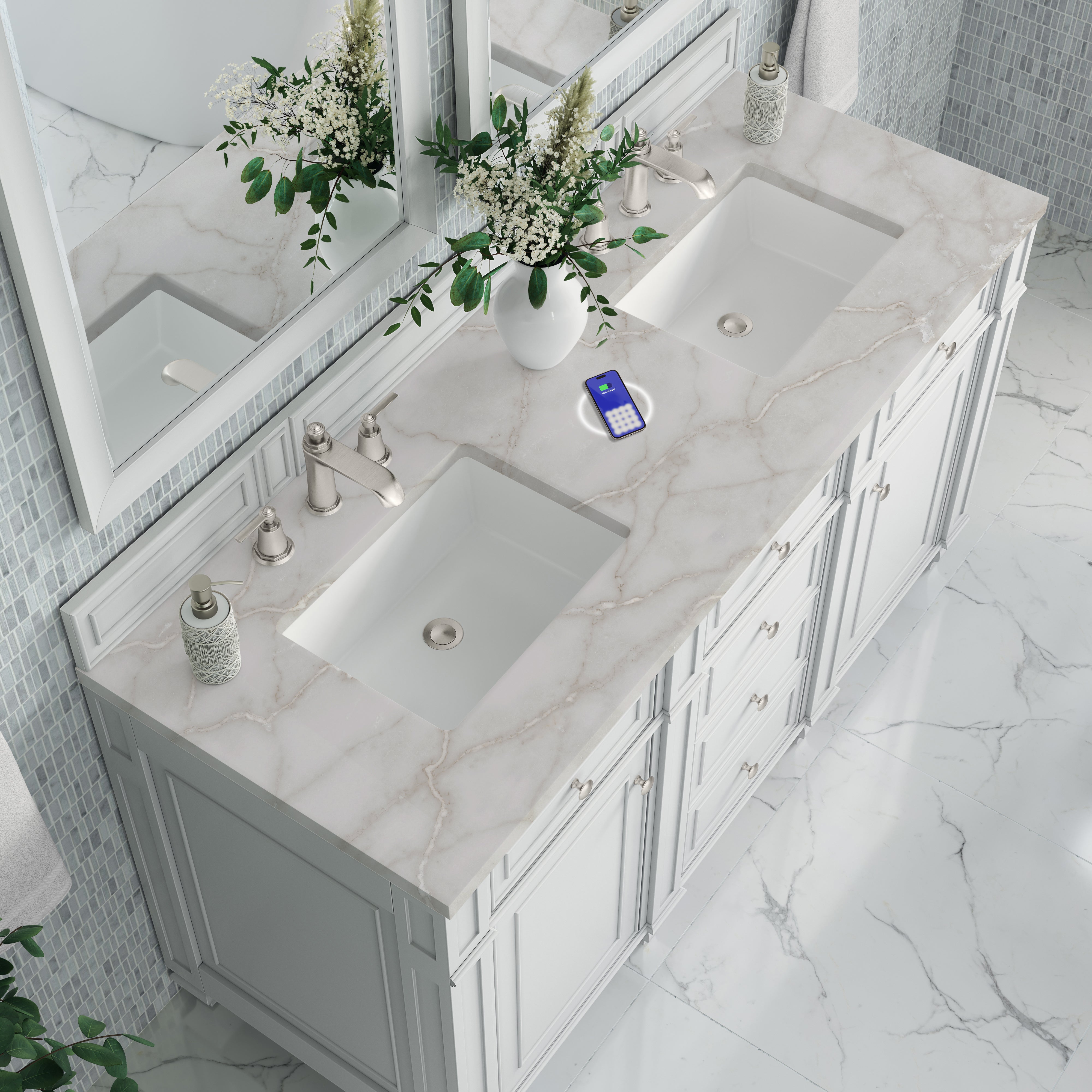 James Martin Bristol 60" Double Vanity in Bright White with 3cm Countertop and FreePower Wireless Charger