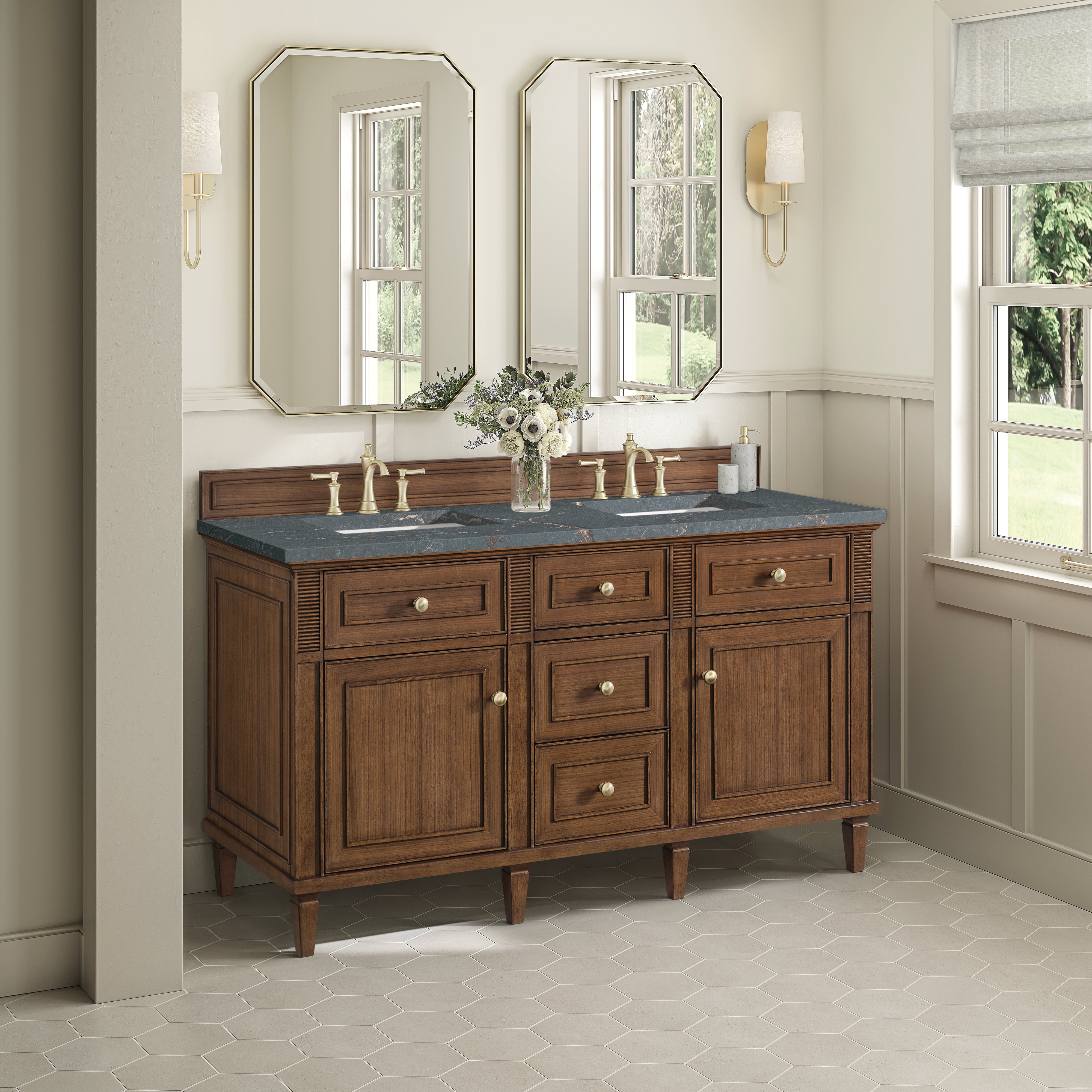James Martin Lorelai 60" Double Vanity in Mid-Century Walnut with 3cm Countertop and FreePower Wireless Charger
