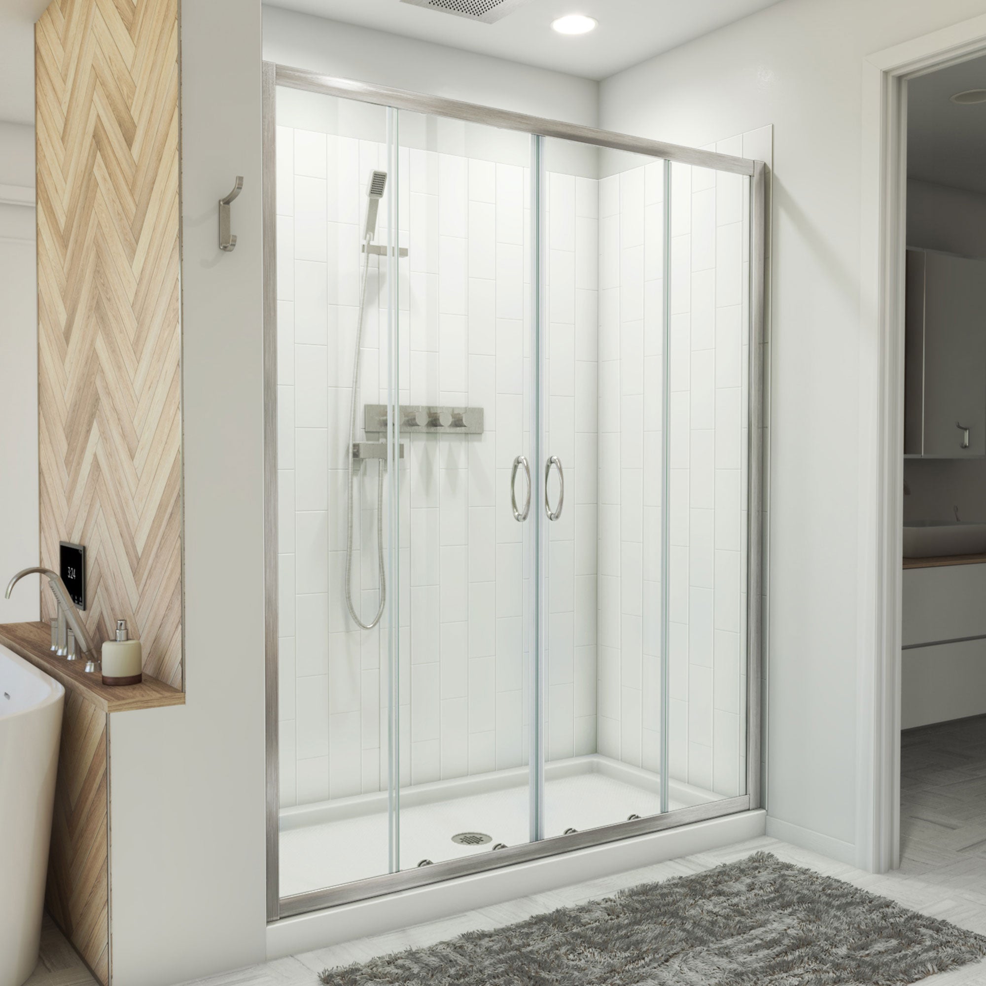 DreamLine Visions 32 inch D x 60 inch W x 78 3/4 inch H Semi-Frameless Sliding Shower Door in Brushed Nickel, Right Drain Shower Base, and Wall Kit
