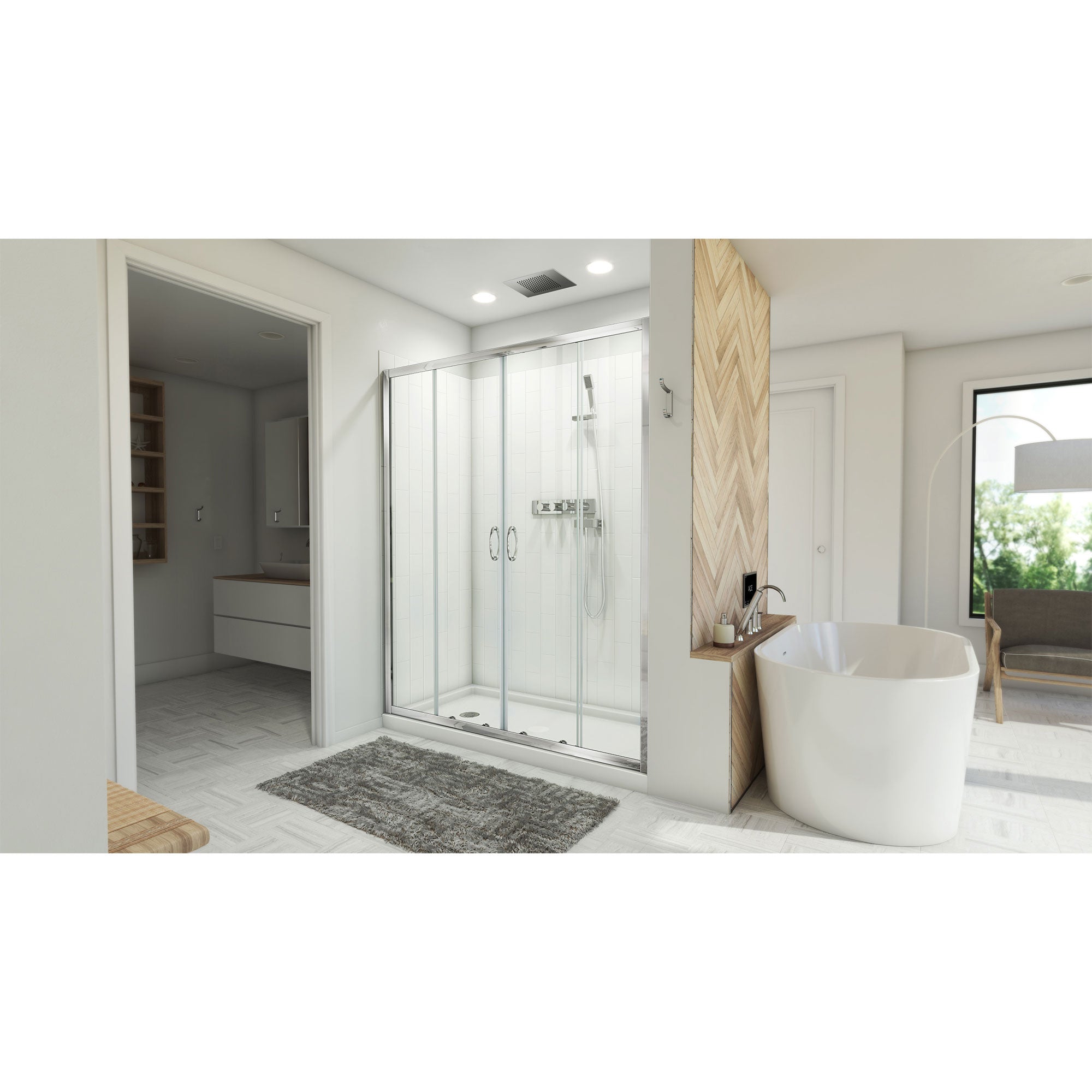 DreamLine Visions 32 inch D x 60 inch W x 78 3/4 inch H Semi-Frameless Sliding Shower Door in Brushed Nickel, Right Drain Shower Base, and Wall Kit