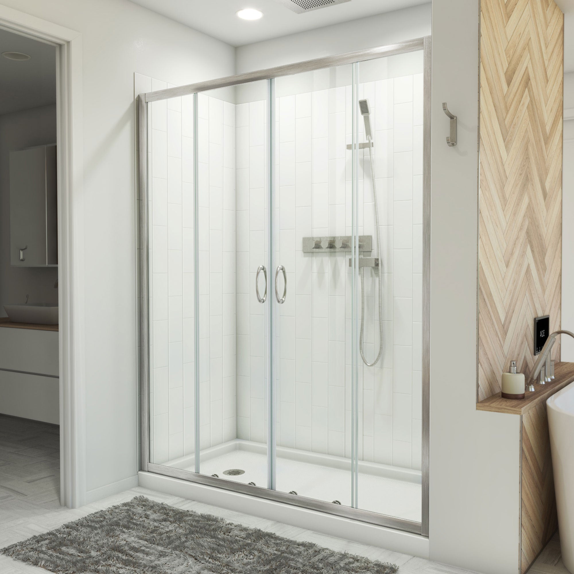 DreamLine Visions 32 inch D x 60 inch W x 78 3/4 inch H Semi-Frameless Sliding Shower Door in Brushed Nickel, Right Drain Shower Base, and Wall Kit