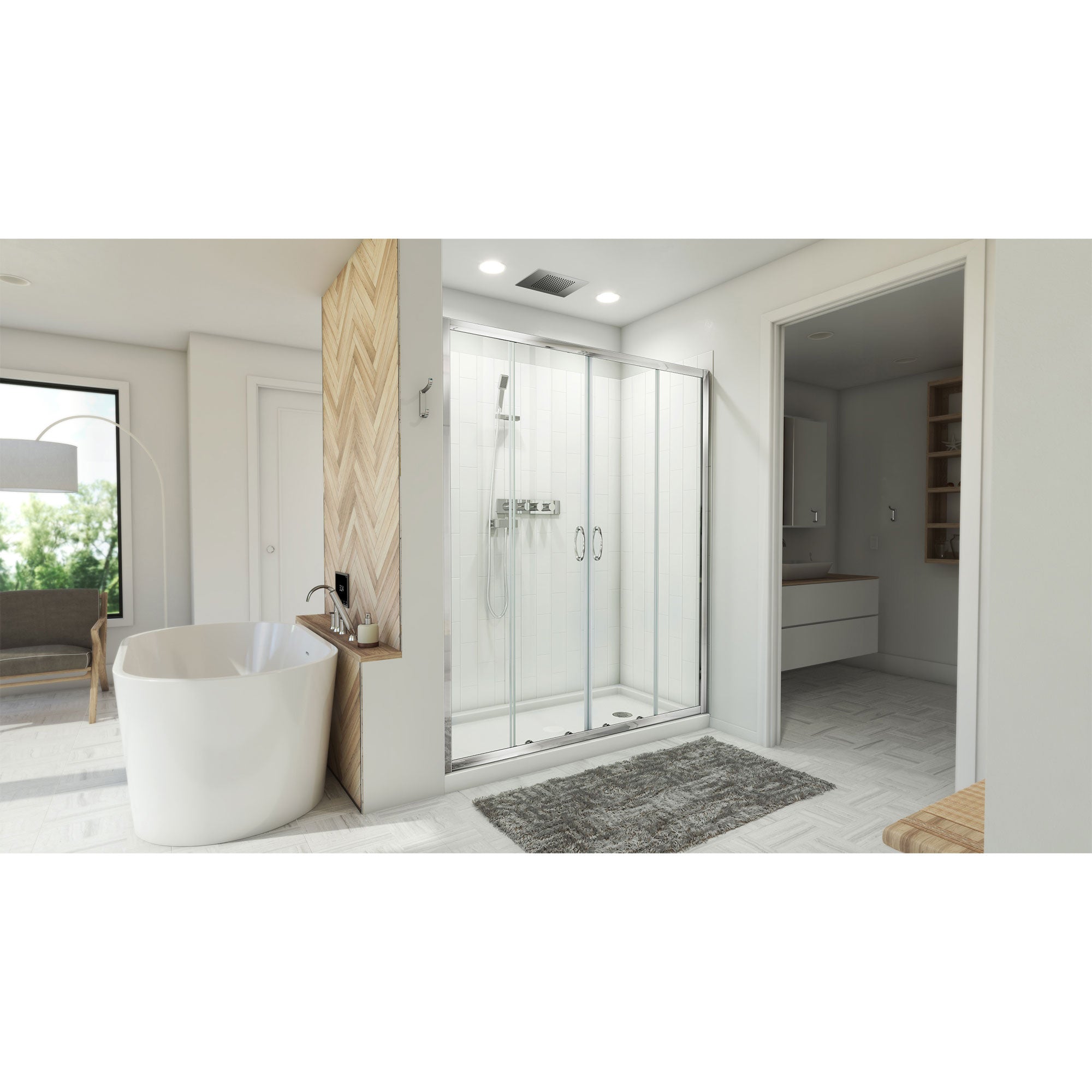DreamLine Visions 32 inch D x 60 inch W x 78 3/4 inch H Semi-Frameless Sliding Shower Door in Brushed Nickel, Right Drain Shower Base, and Wall Kit